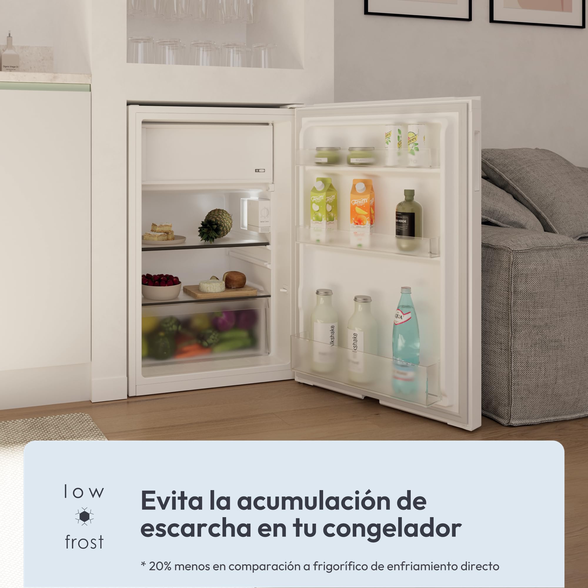 CANDY CNOQ2S58EW, Frigorífico Mini con Congelador, AnchoxAlto 54,5 x 85cm, 114L, 2 Estantes, 3 Balconeras, 1 Cajón, Control Mecánico de la temperatura, Iluminación LED, Altura Ajustable, 37DB, Blanco