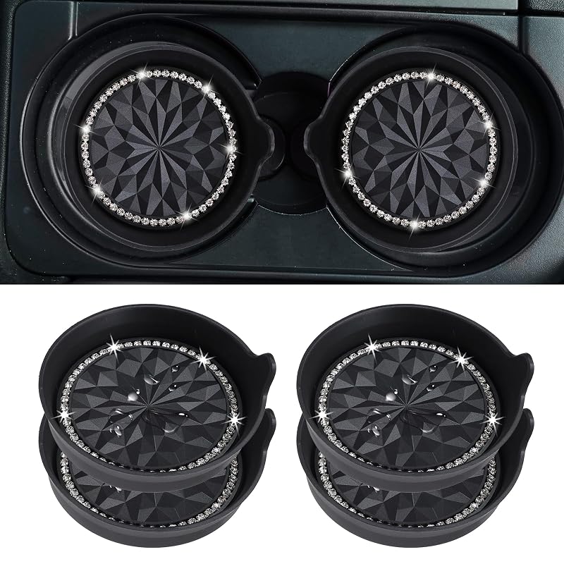 Amooca Porta-Copos para Carro em Silicone com Cristais, Flor Preta, Kit com 4