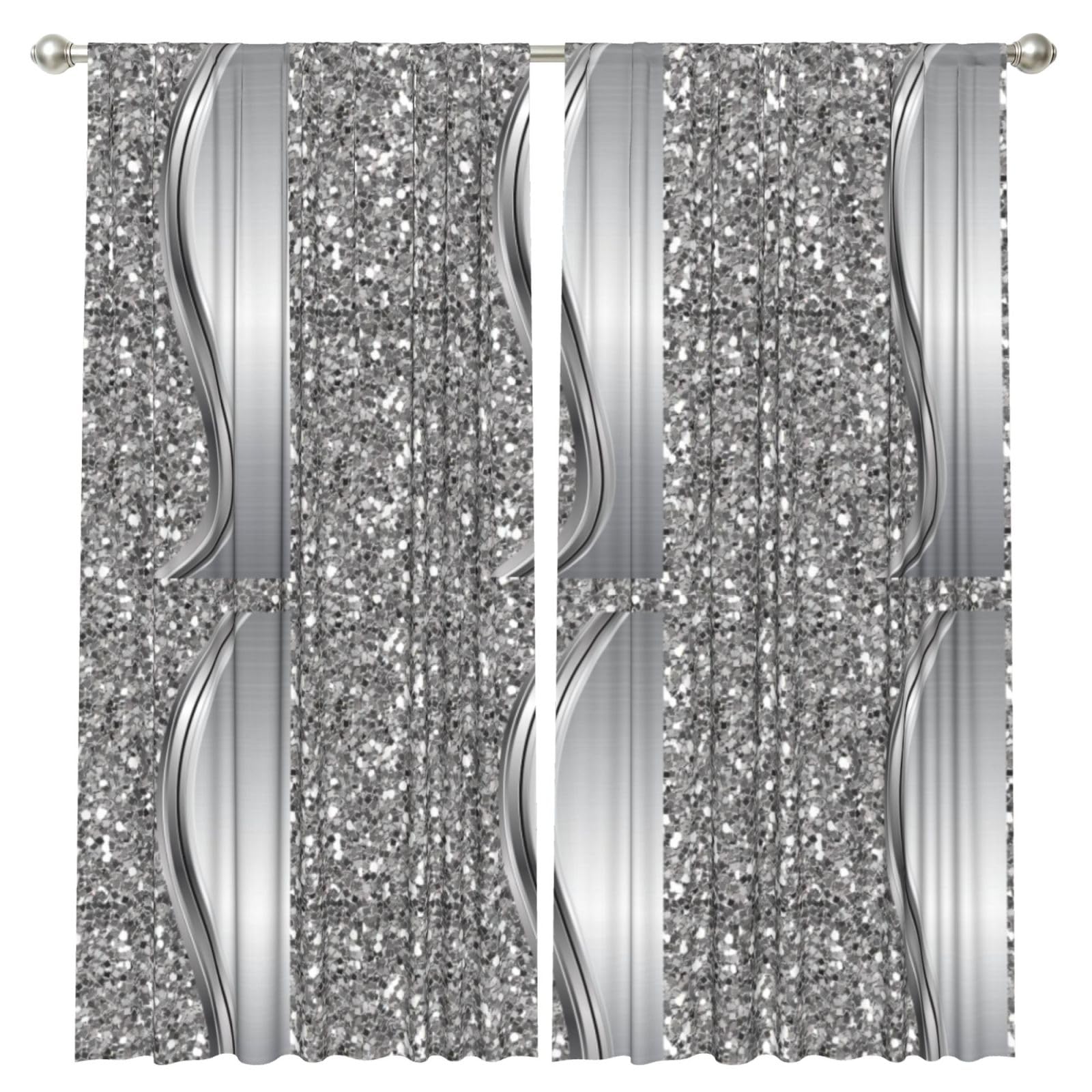 InOmak Silver Faux Glitter Glam, 2 Panels Window Curtains 52 x 84 Inch Blackout Curtains for Living Room Bedroom