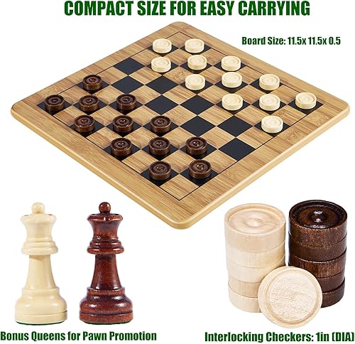 Miniatura 3 de VAMSLOVE Juego de damas de ajedrez de madera Tic-Tac-Toe de 11.5 x 11.5 pulgadas, tablero 3 en 1 de doble cara con 34 piezas de ajedrez, 2 reinas
