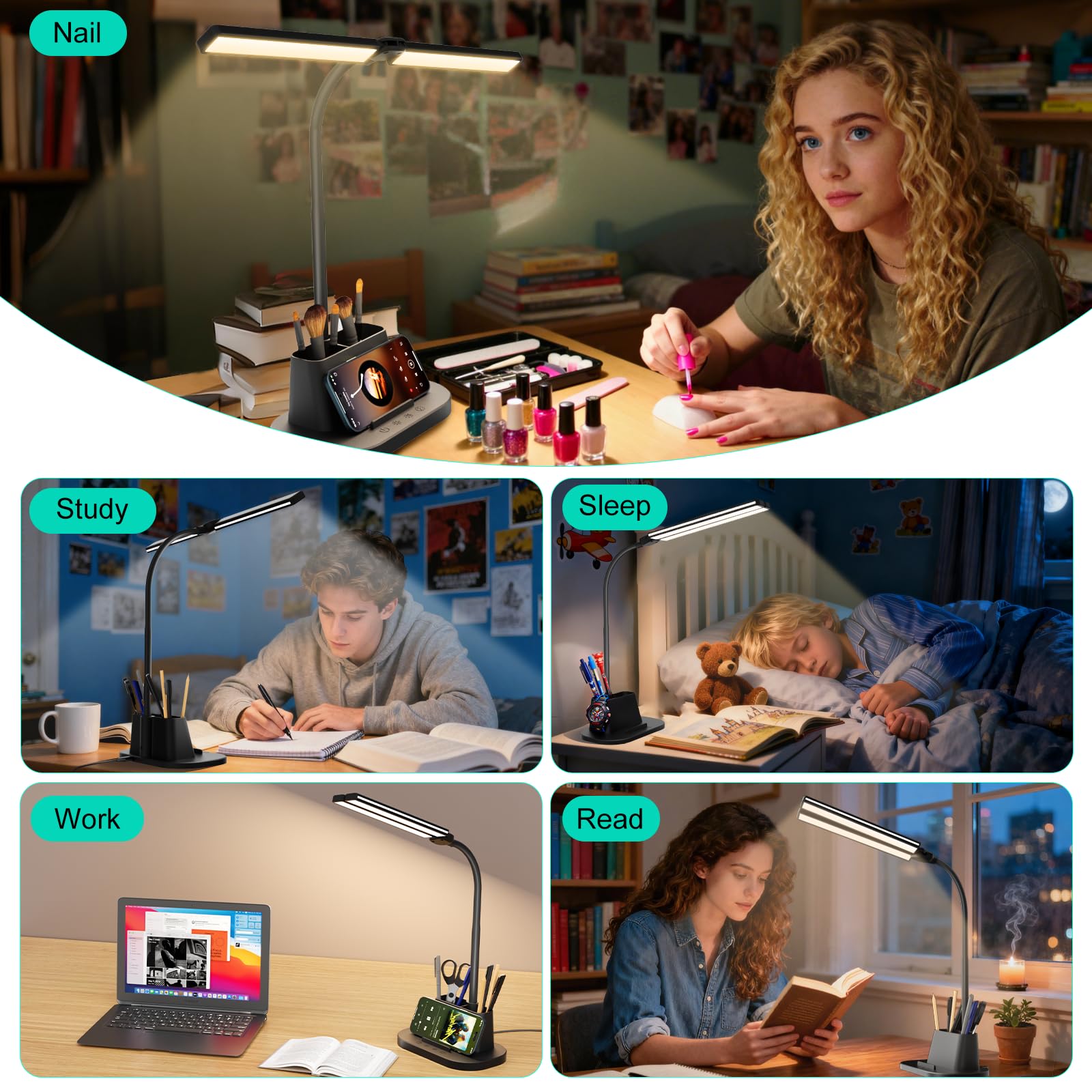 LED Desk Lamp, Eye-Caring Desk Light with Organized Base, 5 Color Modes & 5 Level Brightness, Adjustable Flexible Gooseneck Touch Lamp, Small Desk Lamp for Home Office, College Dorm Room Essentials