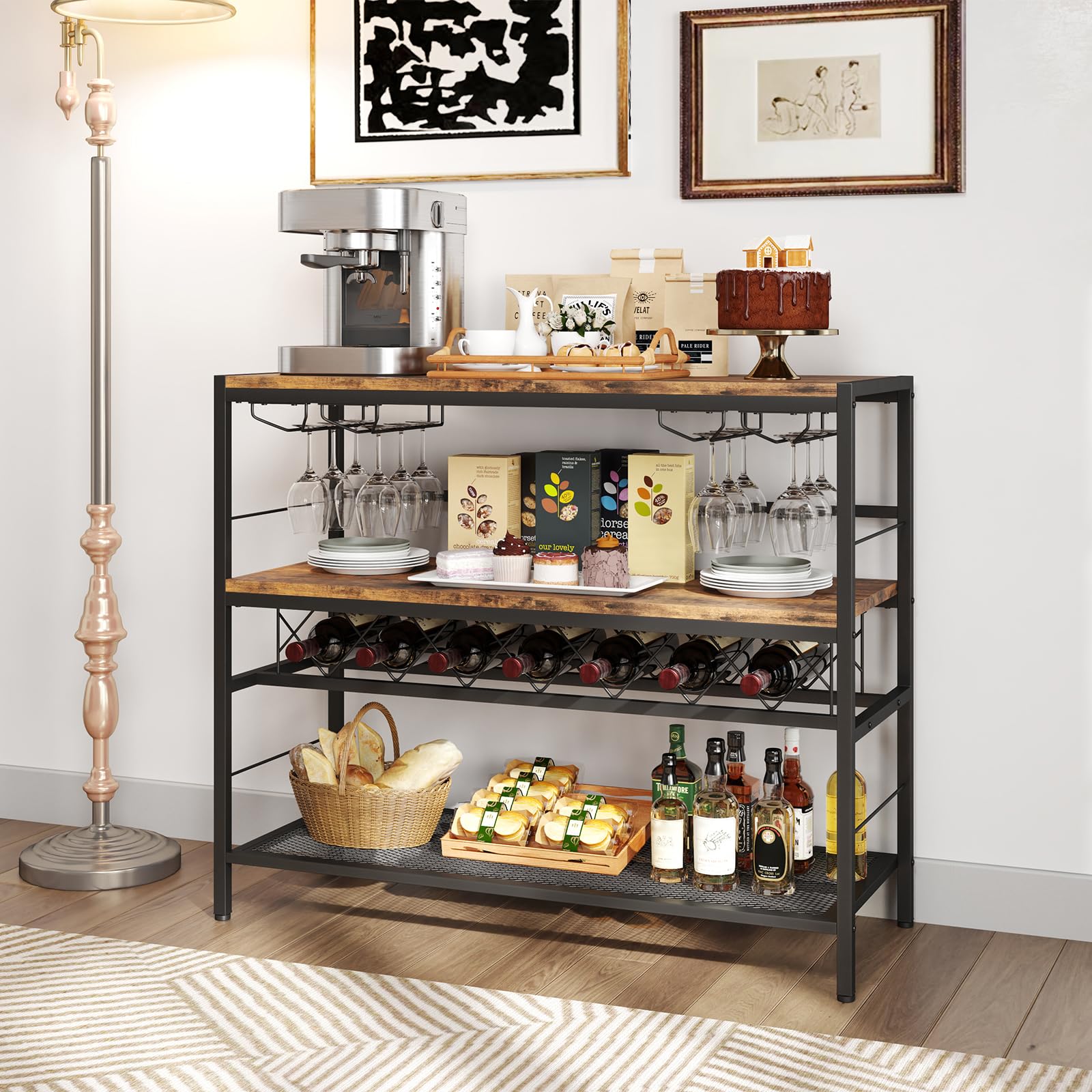 RELAX4LIFE Portabottiglie da Vino da 104 CM, Tavolo Bar per Vino con 4 Supporti per Bicchieri, Piano di Lavoro Ampio, Ripiani di Stoccaggio, Supporto per Bottiglie da Vino per Cucina, Soggiorno