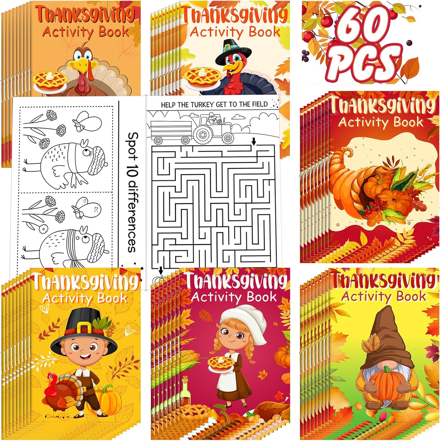 Maitys 60 Pcs Thanksgiving Activity Books for Kids Bulk Fall Activity Books Mini Challenging Activities Fun and Games Include Mazes, Word Search, Word Scramble for Fall Party Favors Gifts Bag Stuffer