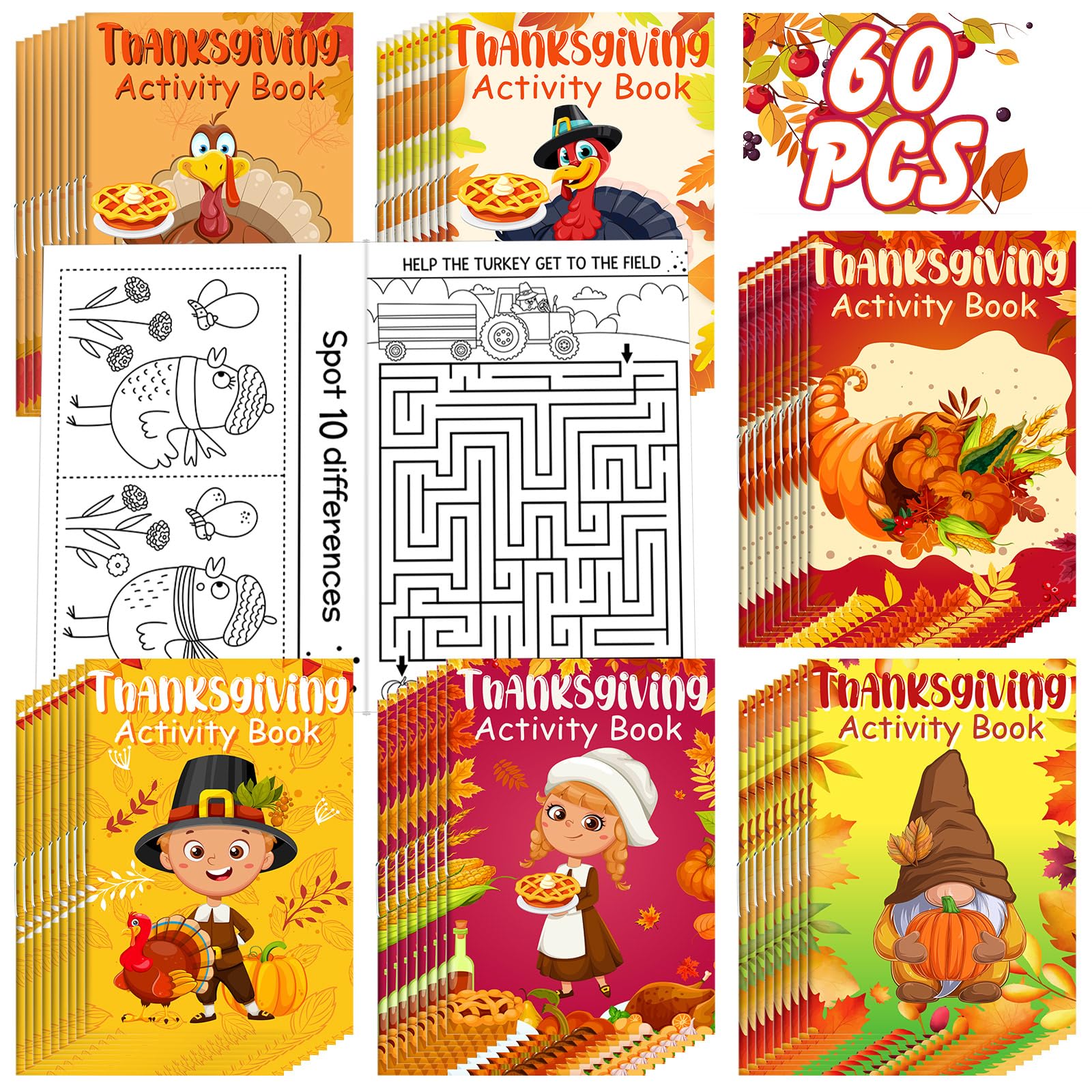 Maitys 60 Pcs Thanksgiving Activity Books for Kids Bulk Fall Activity Books Mini Challenging Activities Fun and Games Include Mazes, Word Search, Word