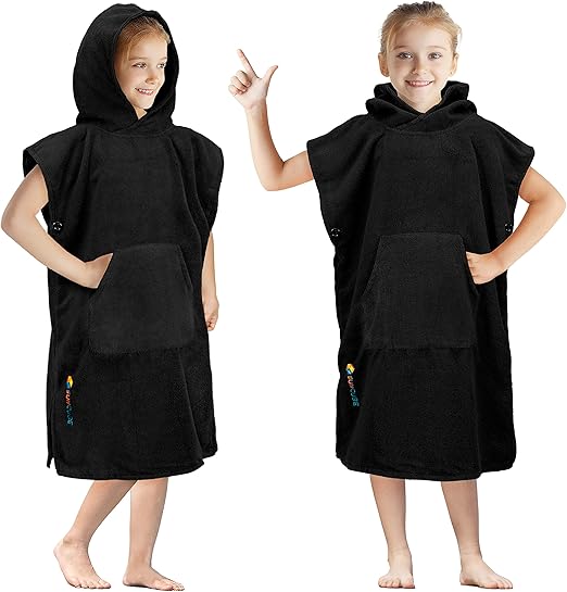 SUN CUBE Kids Changing Robe Surf Poncho, Kids Beach Towels, Hooded Towel for Toddler Bath Pool, Microfiber Quick Dry Wearable Towel Poncho with Hood, Swim Towel for Boys Girls 3-7 Years, Black