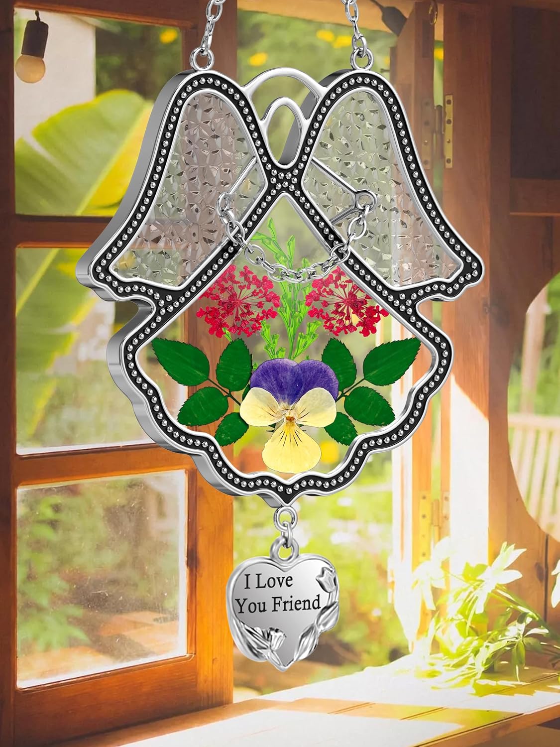 KY&BOSAM Angel Suncatcher I Love You Frined Stained Glass Panels for Windows Hangings Wind Chime with Pressed Flower Glass with Metal Charm Birthday Gift for Women Friend Mothers Day Christmas Décor