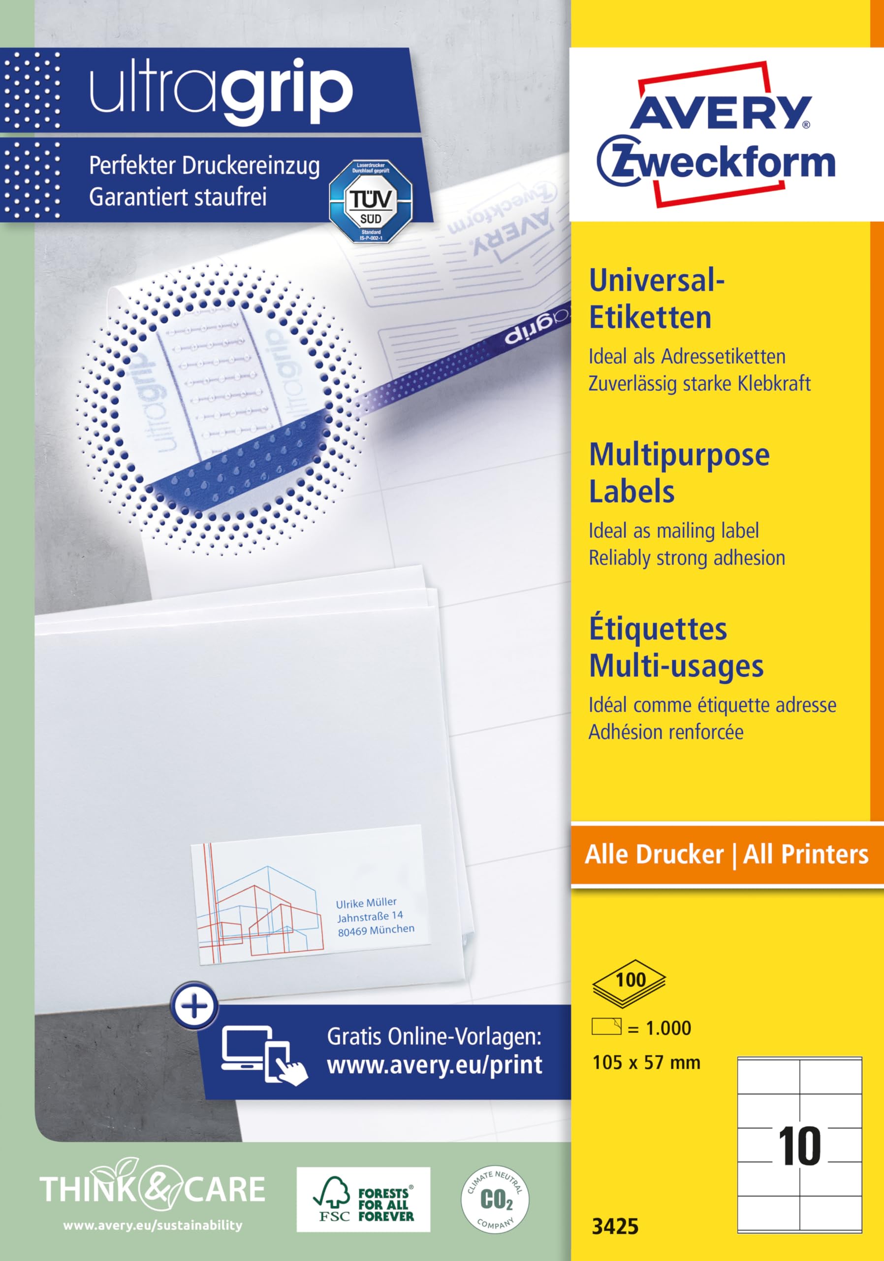 AVERY Zweckform 3425 Adressaufkleber (1.000 Klebeetiketten, 105x57mm auf A4, Papier matt, individuell bedruckbare Absenderetiketten, selbstklebende Adressetiketten mit ultragrip) 100 Blatt, weiß