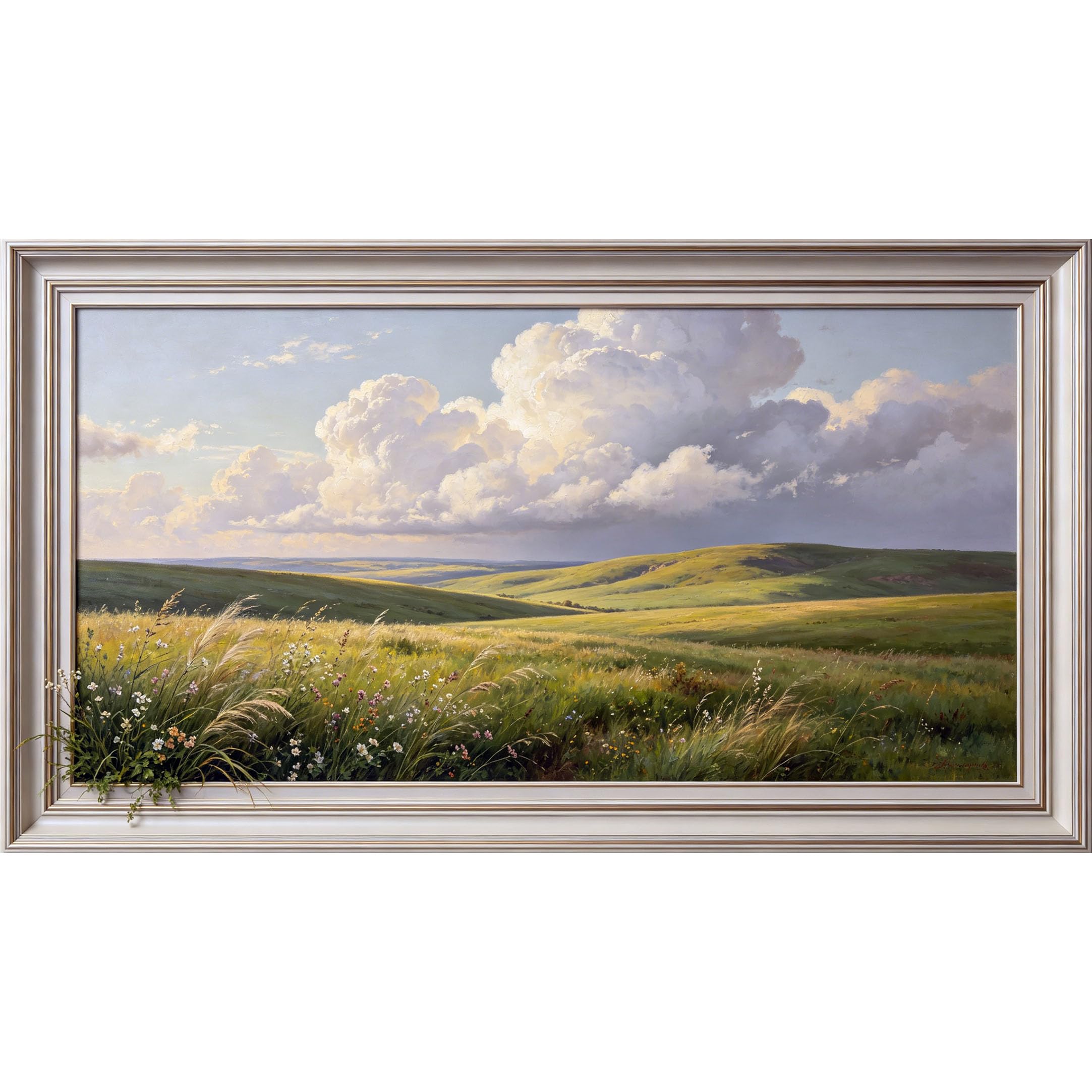 QZLITHOTIC 50x90cm3D Framed Wall Art， Landscape Meadow Hills Clouds Self‑Adhesive Mural， Water‑Activated Peel & Stick Fabric Decor Wall Decal for Bedroom Living Room