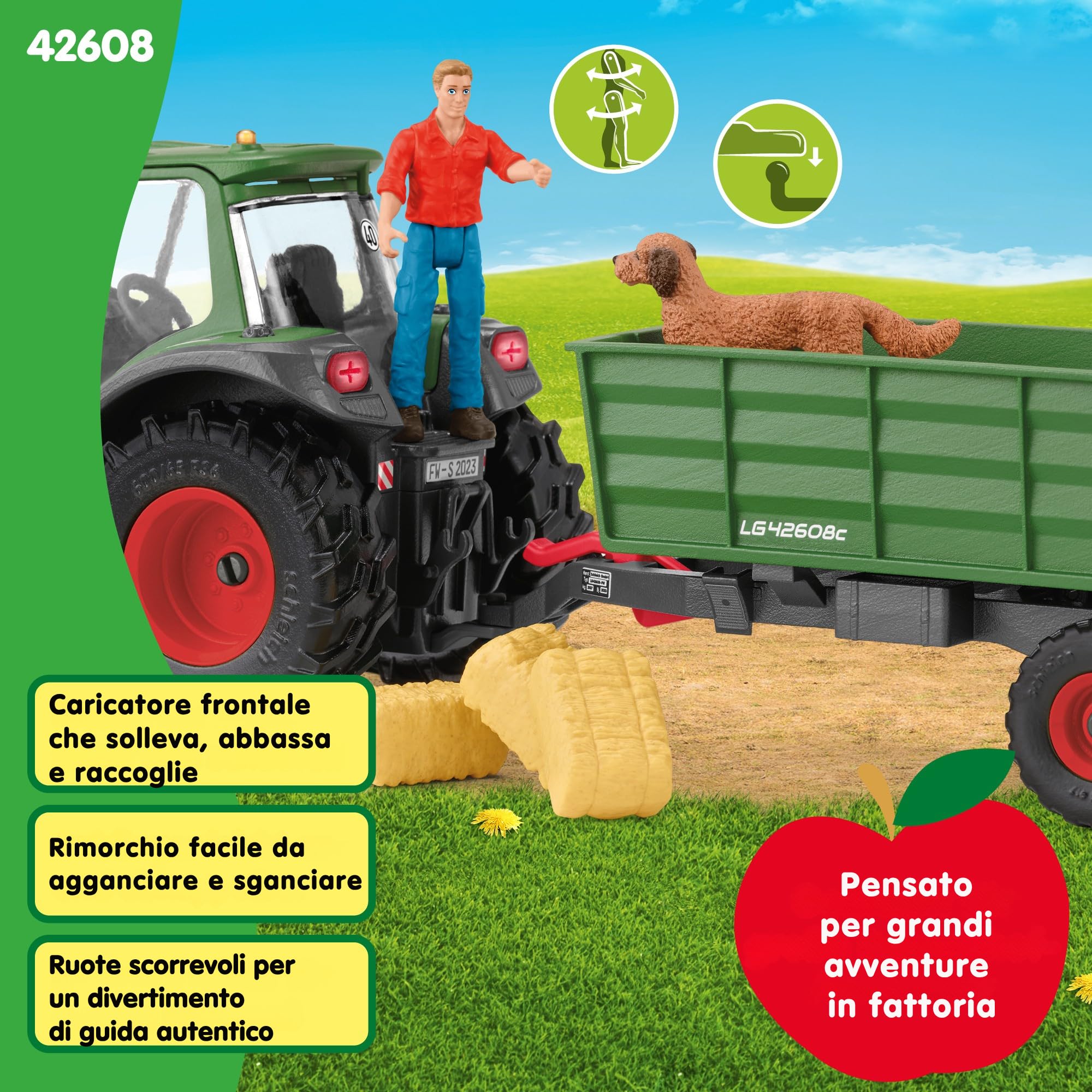 Schleich FARM WORLD | Trattore con rimorchio 42608 | 8 pezzi | Set da gioco dai 3 anni | set con personaggi, numerose funzioni e tanti accessori | figura animali della fattoria schleich