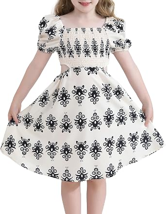 Girls Summer Dresses Smocked Tween Back to School Puff Sleeve Casual Sundress with Pockets for 7-12 Years