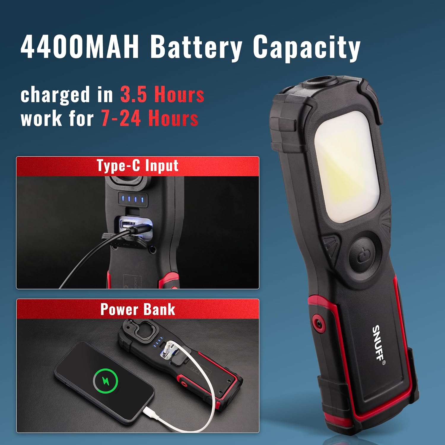 Magnetic Work Light Rechargeable, 1000LM LED Work Light with 3 Modes & 180° Rotation, 4400mAh Mechanic Light for Car Repair, Emergency