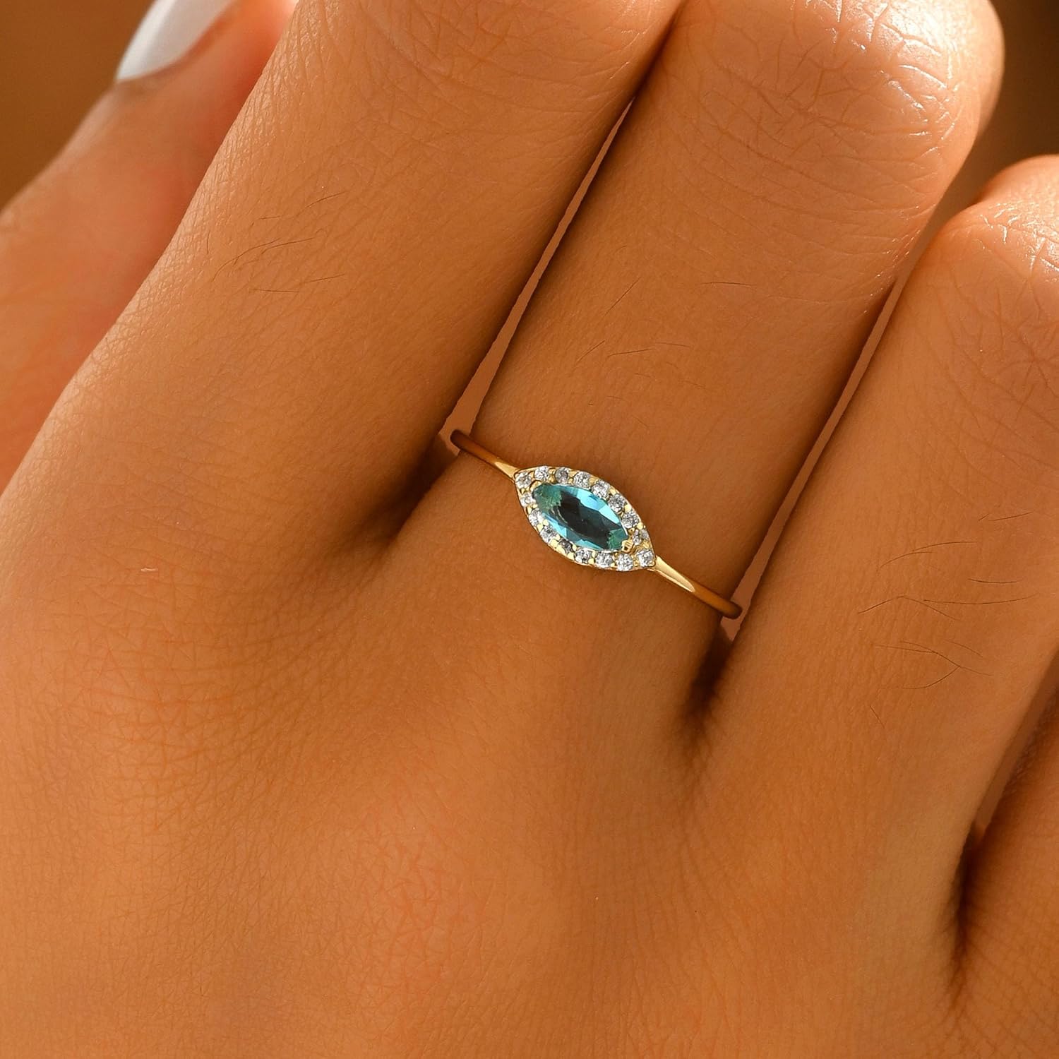 3CT Marquise Engagement Ring 925 Sterling Silver Elegant Blue Zirconia Cut Ring 14K Gold Plated Dainty Simulated Diamond Promise Ring Elegant Stackable Rings Valentines Day Birthday Jewelry Gifts - Image 4