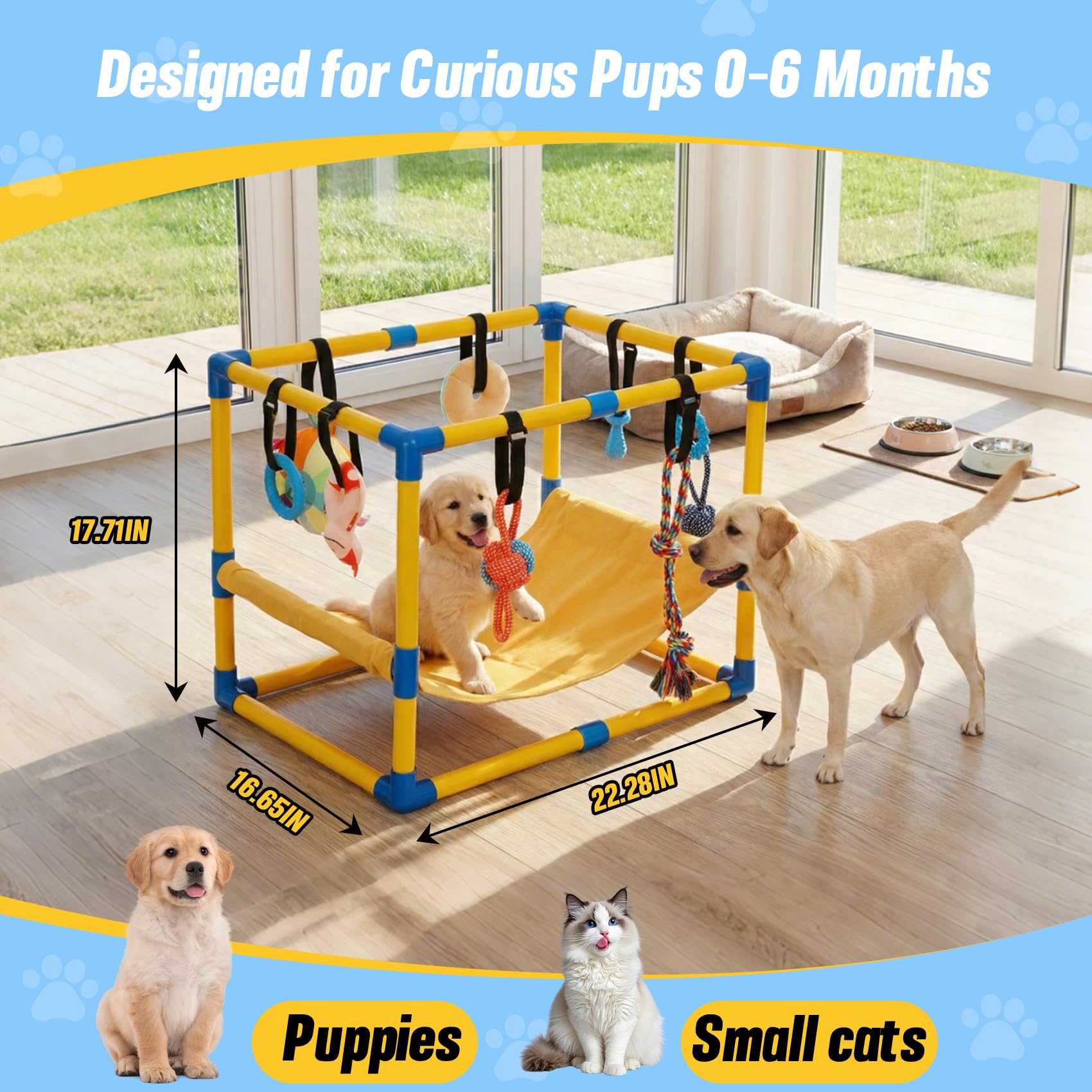 Gymnase de Jeu pour Chiot avec 8 Jouets Suspendus, Salle de Sport d'intérieur avec hamac et Jouets d'enrichissement Amusants, Cadre en PVC, Centre d'activités pour Chiots