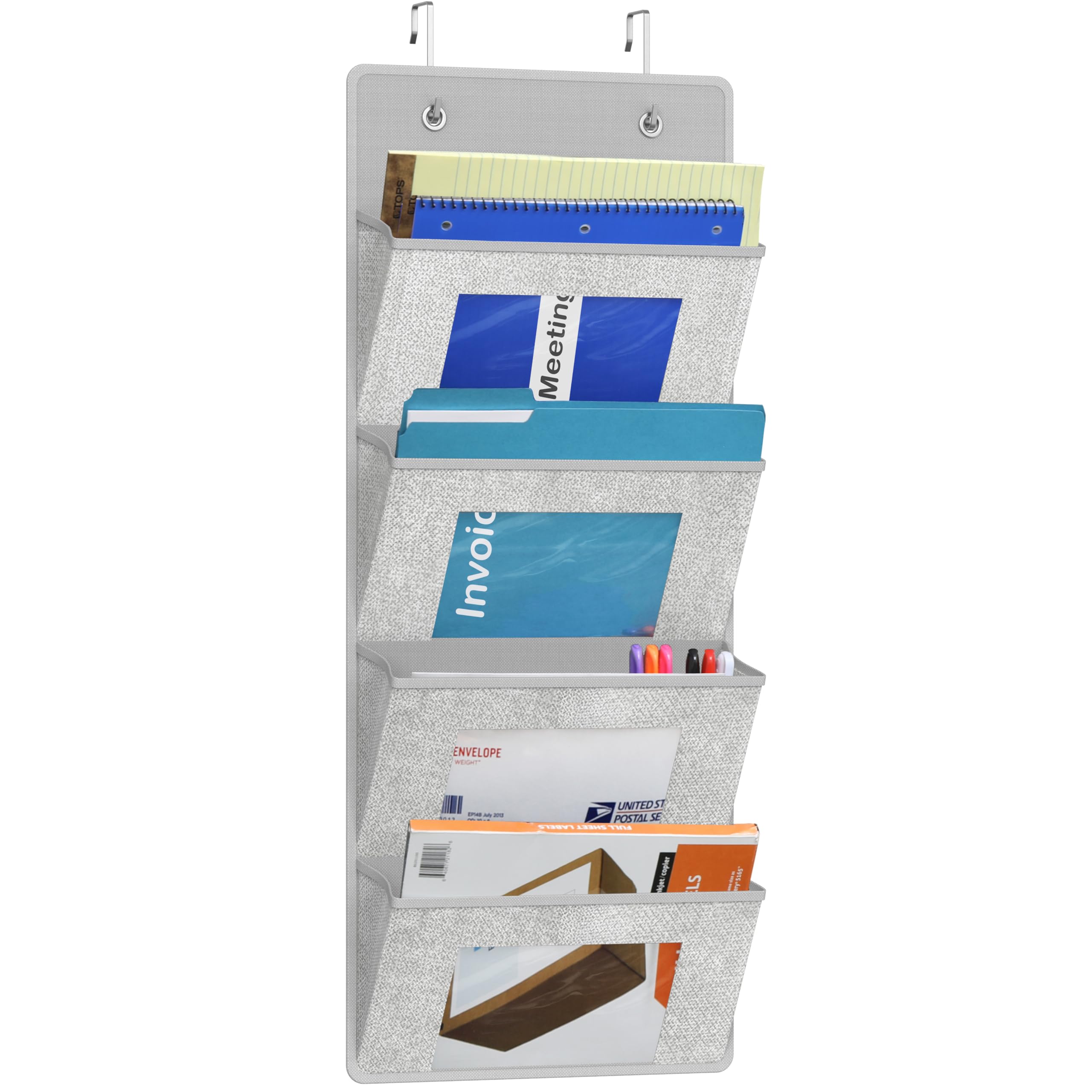 Simple Houseware Over the Door Hanging Wall File Organizer, 4 Clear Window Pocket File Holder with 13" Width for Office Supplies Storage, Grey