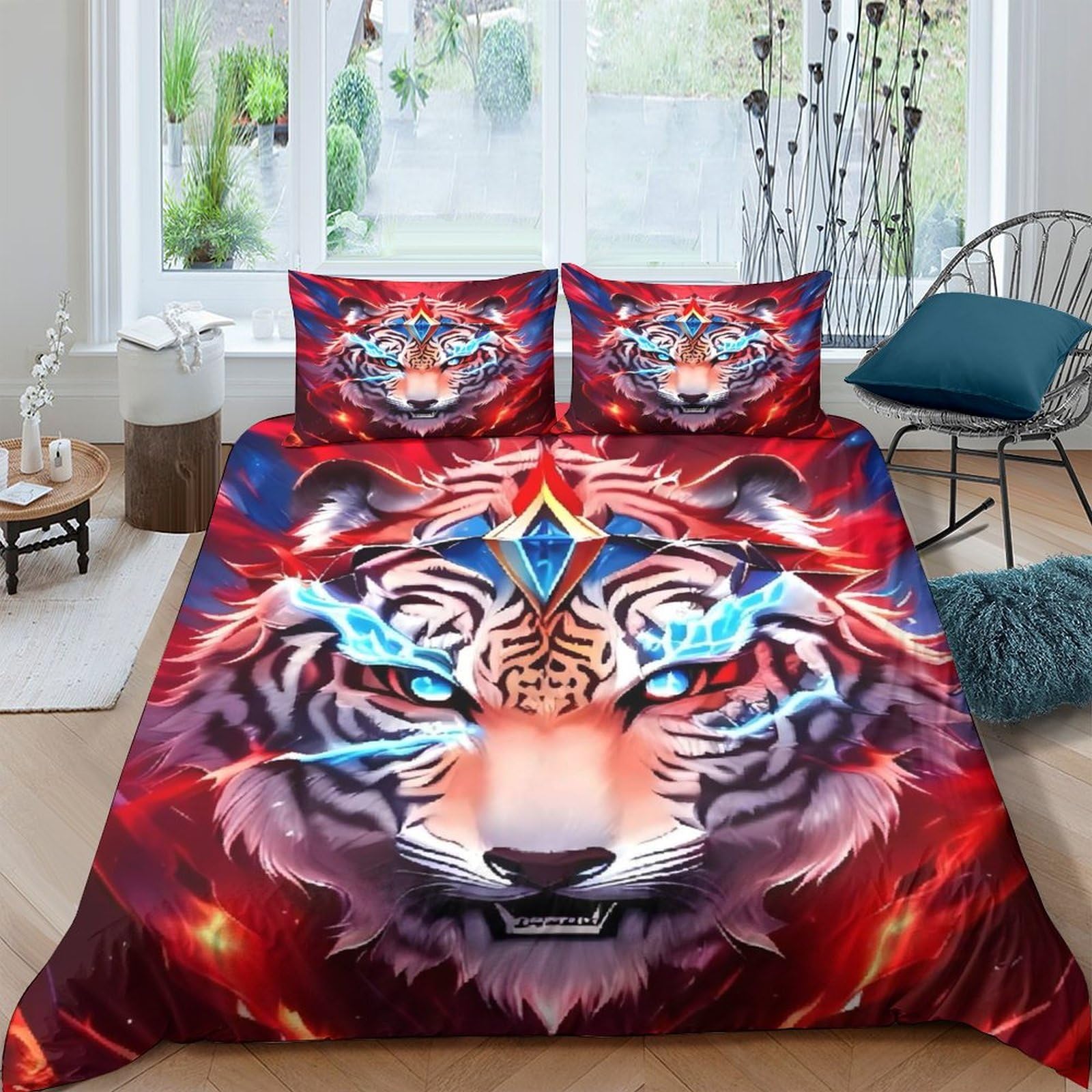 Ctjqhvkz Style-3 3D Printed Fiery Tiger Fitted Sheet Microfiber Anti-Slip Mattress Cover For Bedroom Dorm, Wild Animal Decor, Machine Washable Single（135X200cm）