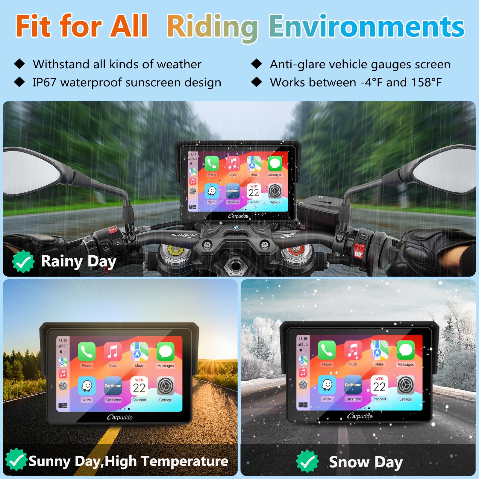 CARPURIDE W502BS Pro per Moto BMW CarPlay e Android Auto, Doppio Bluetooth, Schermo di Navigazione Impermeabile da 5 Pollici, Lettura dati, Native Wonder, TPMS, Sensore di luce, Condivisione di Musica