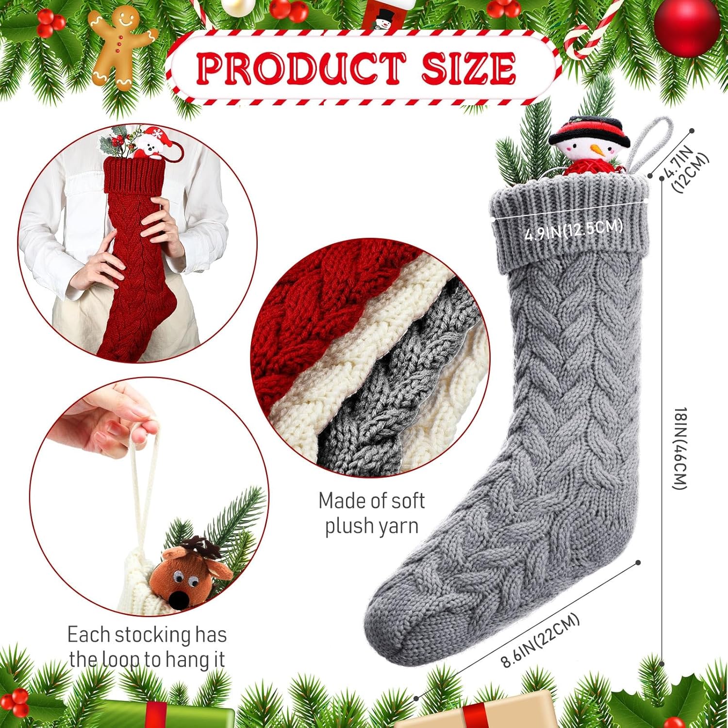 Sumind 6 Pack Personalized Christmas Stocking 18'' Large Family Knitted Xmas Stocking with Name Tags Set for Holiday Fireplace Party Decor (Burgundy, Gray, Ivory)