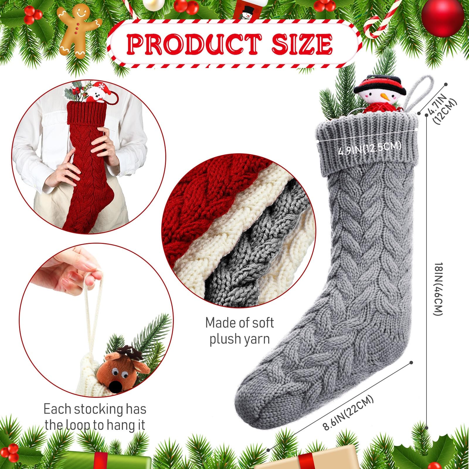 Sumind Lot de 6 chaussettes de Noël tricotées avec étiquettes nominatives, décoration de cheminée (bordeaux, gris, blanc ivoire) - 45,7 cm