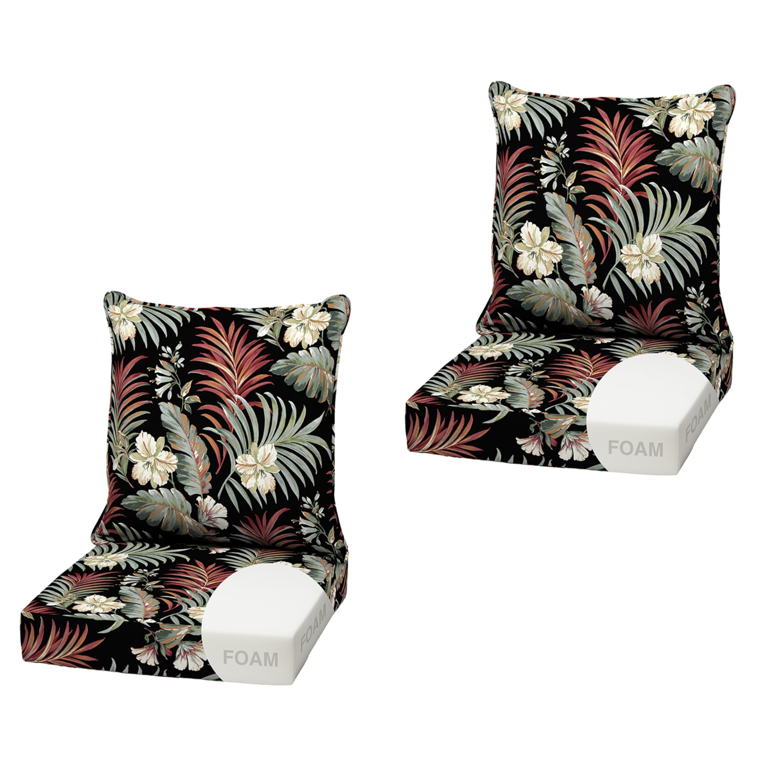 Arden Outdoor Deep Seat Cushion Set, Foam, 2-Pack, 22x24, Black Tropical