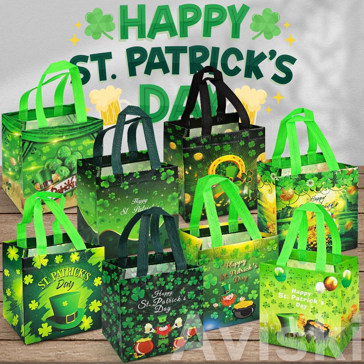 8PCS St Patrick's Day Reusable Gift Bags, Treat Handles, Irish Party, Multifunctional Non-Woven Saint Paddy Day Bags for Gifts Wrapping, Party Supplies, 7.9 × 7.9 × 5.9inch - Image 7