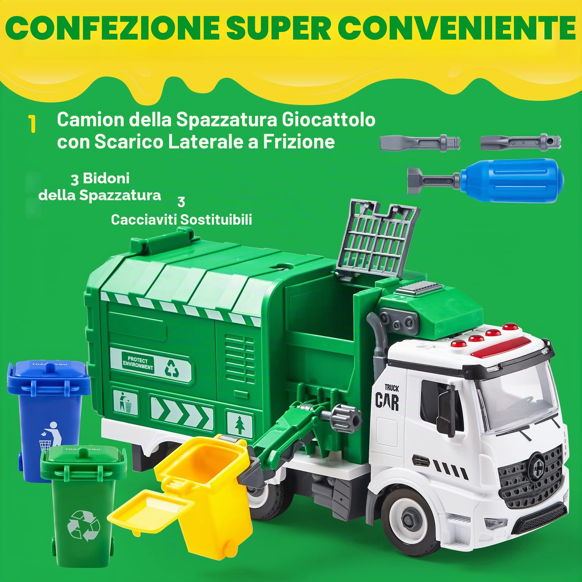 JOYIN Giocattolo camion della spazzatura con luci e suoni per bambini 3-8 anni, camion riciclaggio scarico laterale regalo