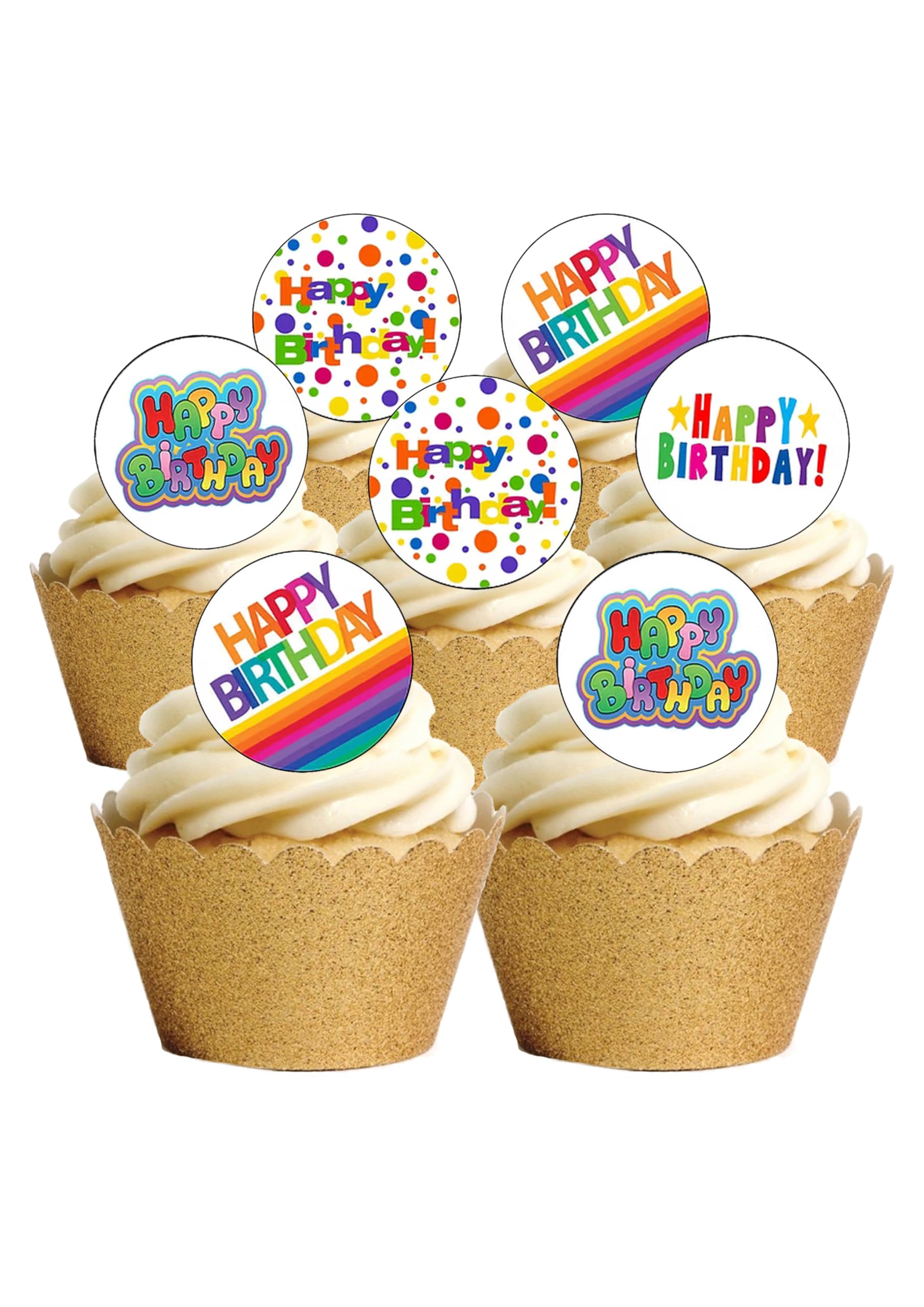 24 Precut Bright Happy Birthday Edible Cupcake Toppers Decorations