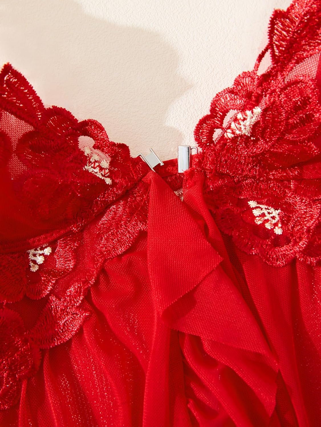 Sexy Front Closure V Neck Ruffle Mesh Embroidered Floral Lace Sheer Babydoll Lingerie Dress with Thong 2 Piece - Image 5