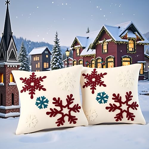 Miniatura 6 de Tosleo Juego de 2 fundas de almohada de copo de nieve de Navidad de 18 x 18 pulgadas, juego de 2 fundas de almohada de copo de nieve rojo y blanco,