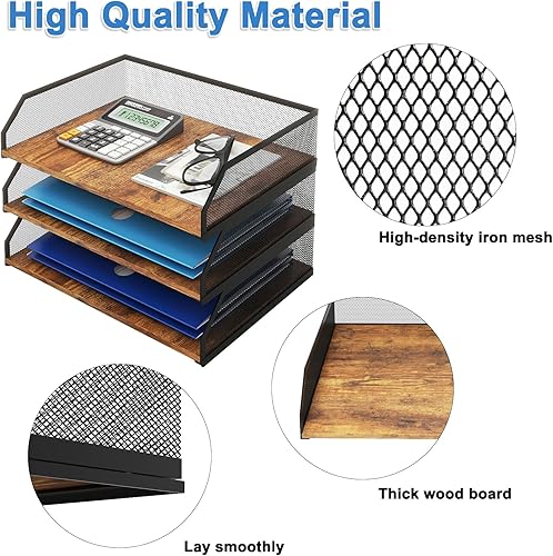 Miniatura 3 de Natwind Bandeja de papel apilable de 3 niveles, organizador de escritorio de malla metálica, clasificador de papel, bandejas para cartas, estante de
