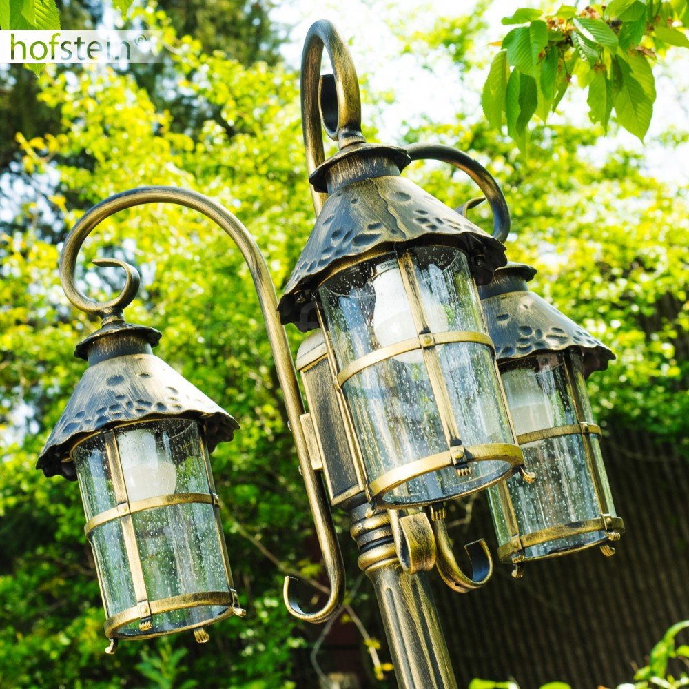 Lampada da esterno Tolep, candelabro in stile antico, metallo in marrone/oro, con vetri veri, lampada da sentiero a 3 bracci da 220 cm, lampada da giardino retrò/vintage, E27, IP44, senza lampadina/e