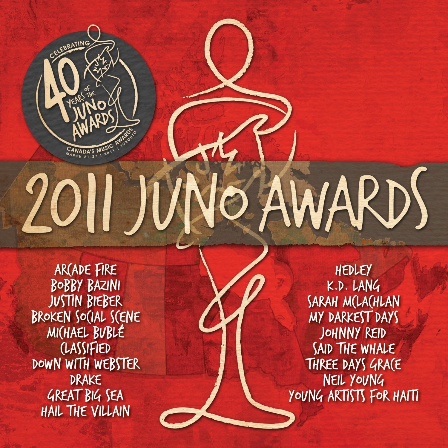 2011 Juno Awards / Various [Audio CD] Various Artists; Juno Awards; Matt Walst; David Bendeth; Dave Genn; Darryl Romphf; Darrell Power; Johnny Reid; Michael Bublé; Joseph Stamp; Classified; Charles Spearin; Chad Taylor; Chad Kroeger; Tyler Armes; Neil Sanderson; Neil Young; Justin Bieber; Justin Peroff; Adam Gontier; Drew Dockrill; Alan Doyle; Andrew Martino; Kevin Drew; Said the Whale; Arcade Fire; Sarah McLachlan; Sam Goldberg; Bob Hallett; Bobby Bazini; Leonard Cohen; Barry Stock; Jacob Hoggard; Brad Walst; Brendan Canning; Brent Maher; Lisa Lobsinger; Bryan Crouch; Terius Nash and Ted Bruner