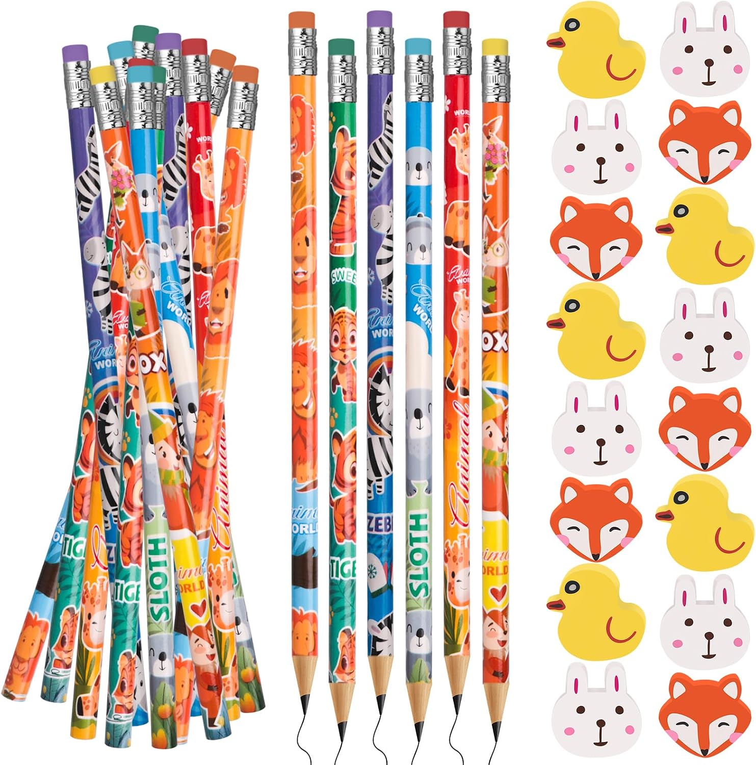 Jungle Safari Party Favors Animal Pencils and Erasers 72Pcs Cute Cartoon Themed Wooden Pencils and Erasers for Birthday Parties Favors Stationery Party Reward Supplies Christmas Gift(Animal)