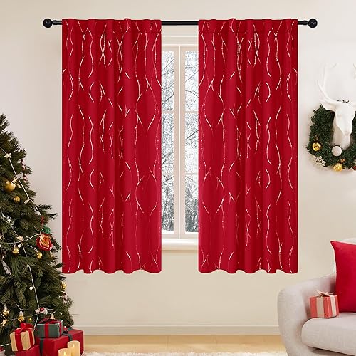 Miniatura 1 de Deconovo - Cortinas rojas con bloqueo de luz, juego de tratamiento para ventana, cortinas para habitación con estampado de líneas onduladas con