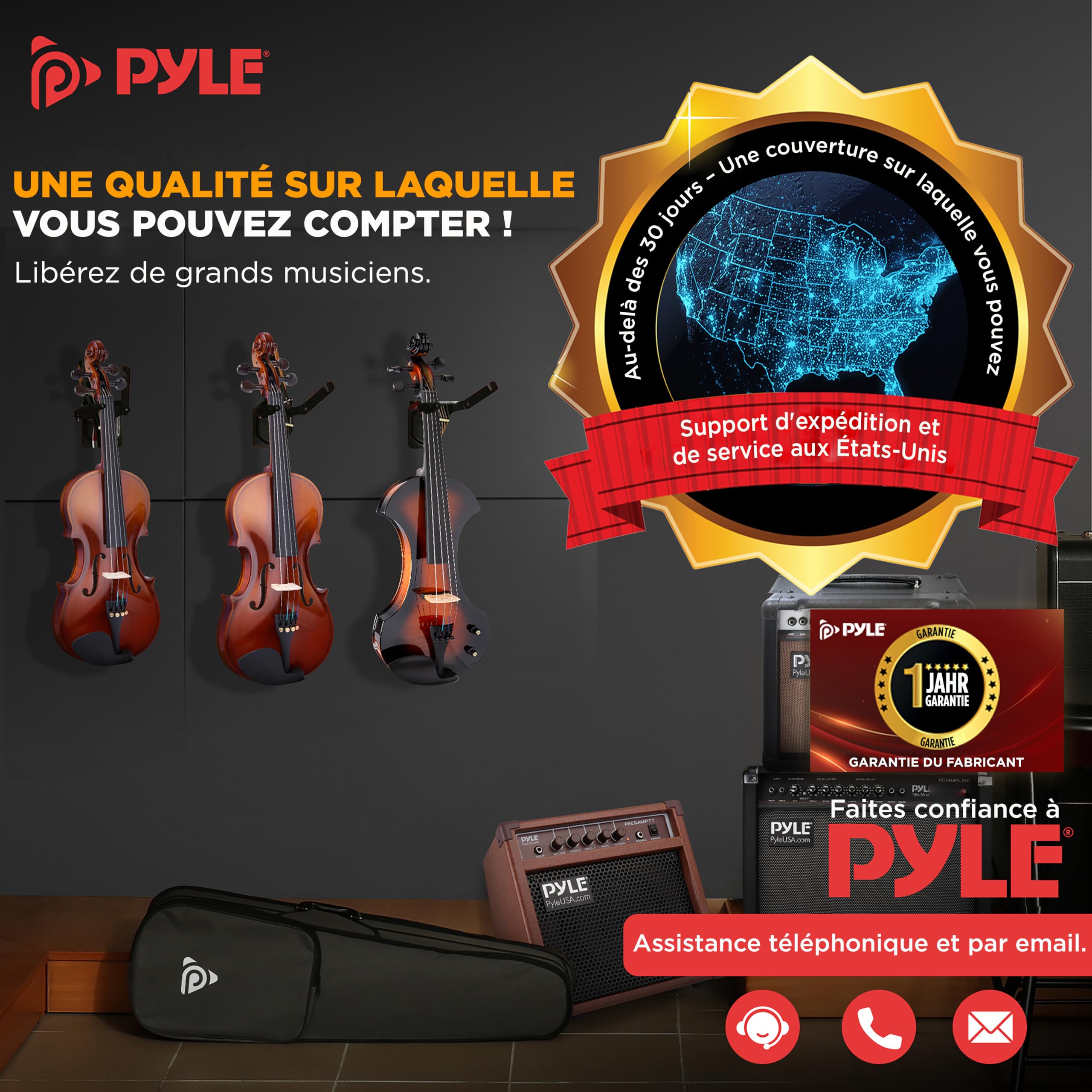 Pyle Violon 4/4 Adulte Électronique Silencieux avec Kit Amplificateur – Violon en Bois Massif avec Amplificateur 10W et Accessoires Complets-Instrument à Cordes Orchestral Taille Complète