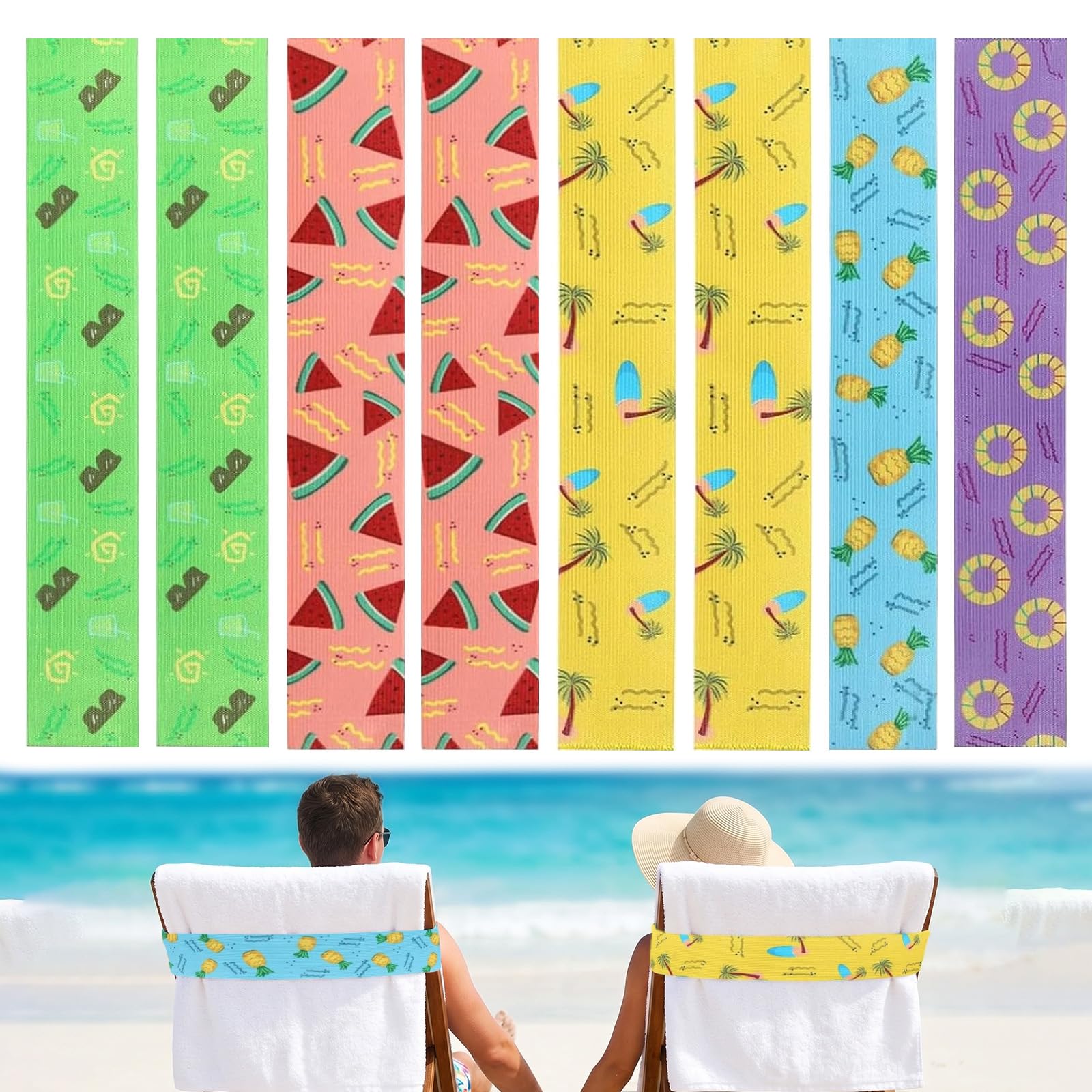 Benaewa 8 Pcs Towel Bands for Sun Loungers, Elastic Non-slip Beach Towel Bands for Sun Loungers, Pool (40cm×5cm,colorful)
