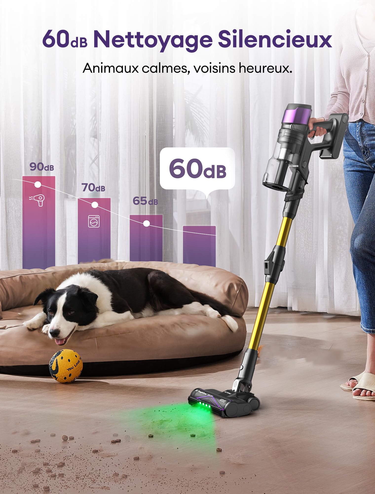 Ultenic Aspirateur Balai sans Fil, 55kPa Puissant pour Poils Animaux, Technologie GreenEye, Tube Pliable 65cm, Filtre HEPA H13 Anti-Allergie, 60min Autonomie, Sol Dur/Voiture/Moquette