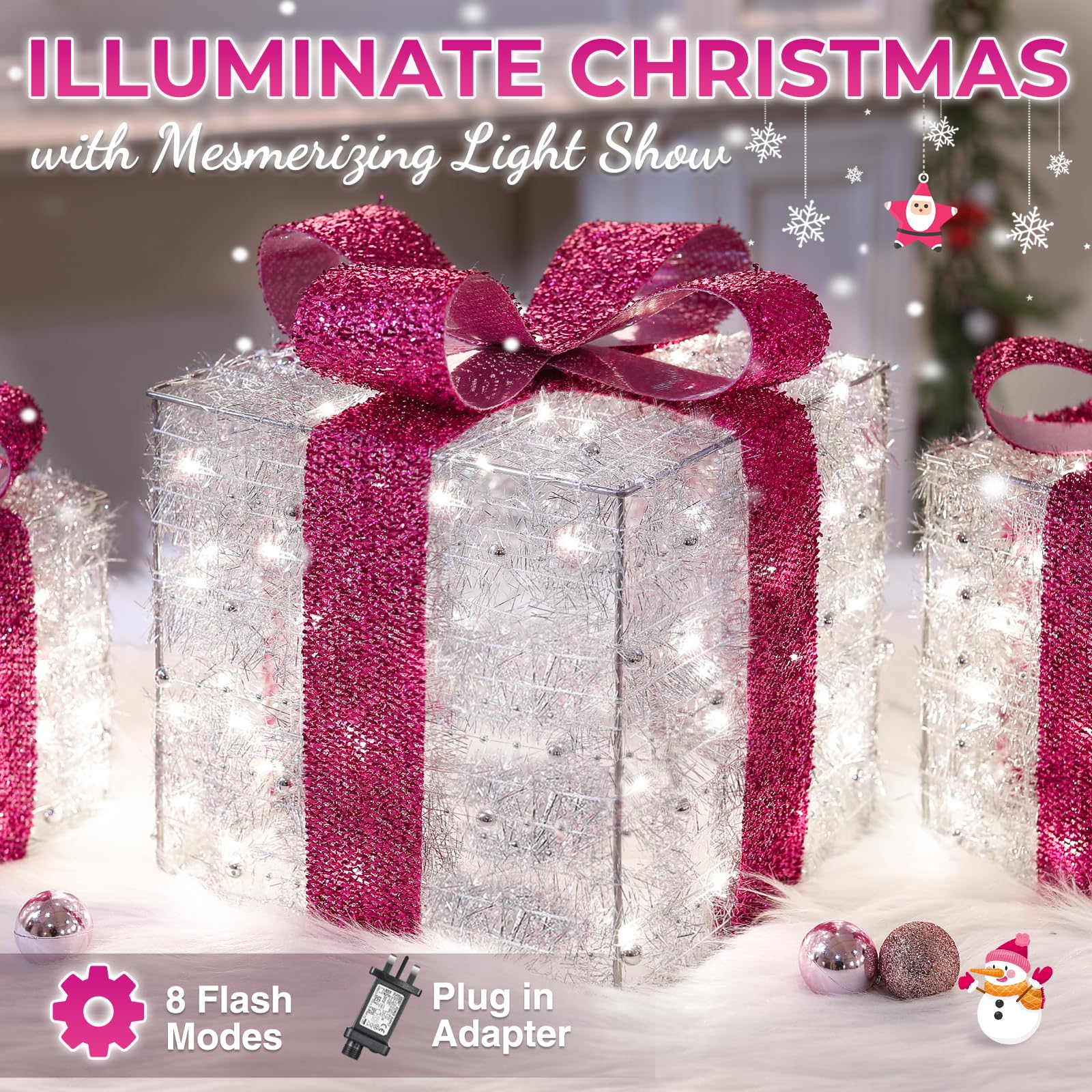 Quntis Light up Present Boxes Christmas 140 LEDs, Set of 3 Christmas Lighted Gift Boxes with 8 Modes and Timer - Image 2