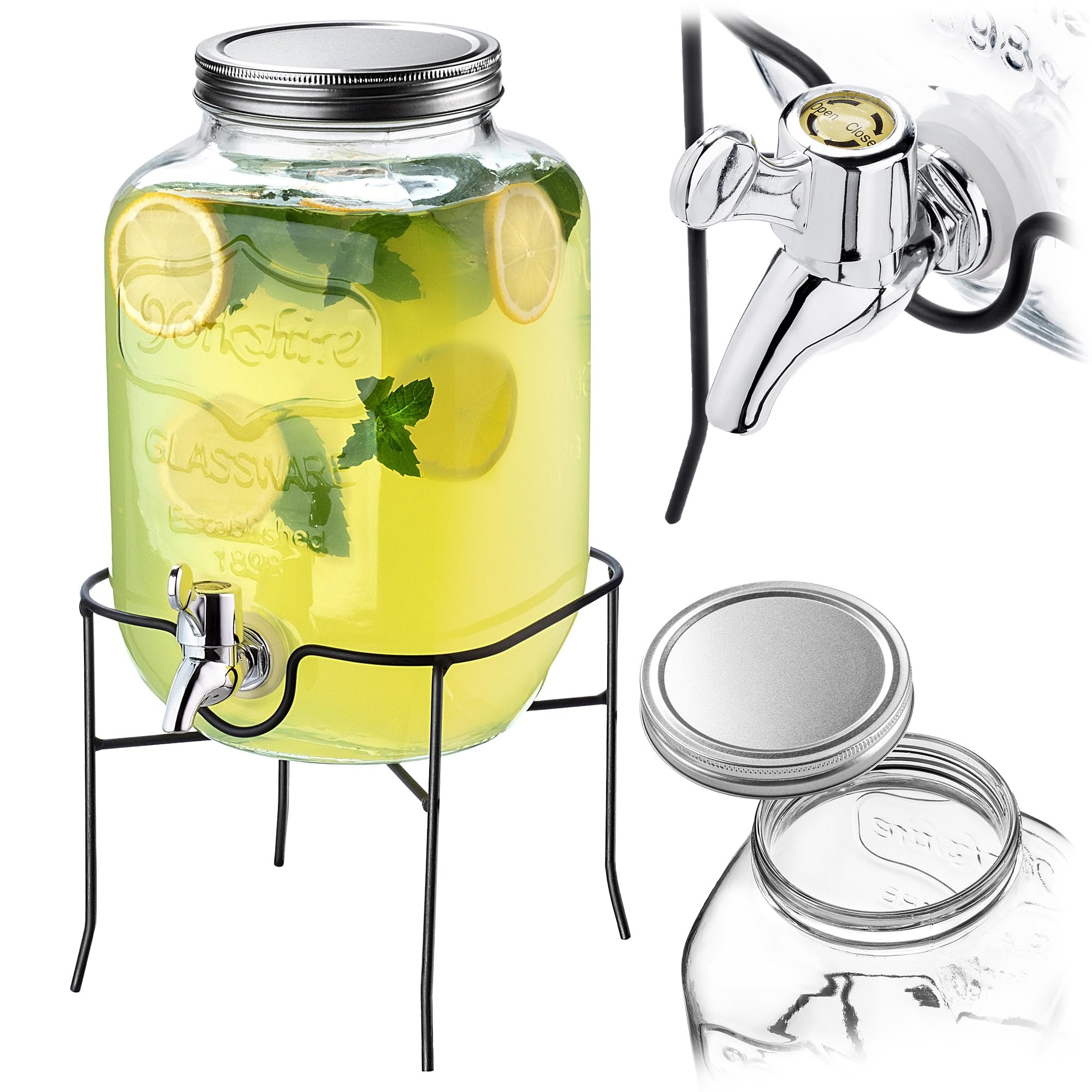 KADAX Dispensador de bebidas de 4 L con soporte, dispensador de zumo de cristal, dispensador de agua con grifo y tapa, dispensador de limonada, dispensador de bebidas frías (modelo 3)