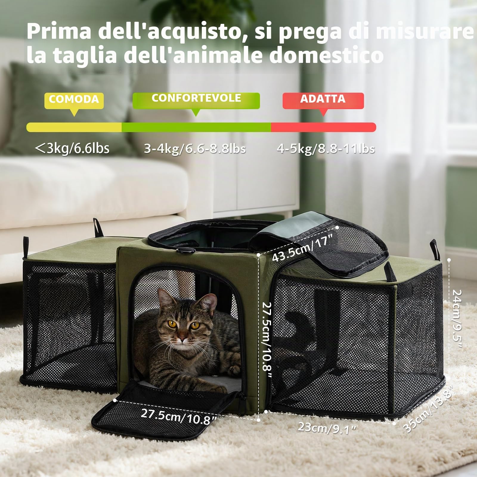 Pecute Trasportino per gatti espandibile, con struttura stabile, traspirante, ampio spazio, trasportino portatile adatto per viaggi comodi, doppia borsa espandibile, verde