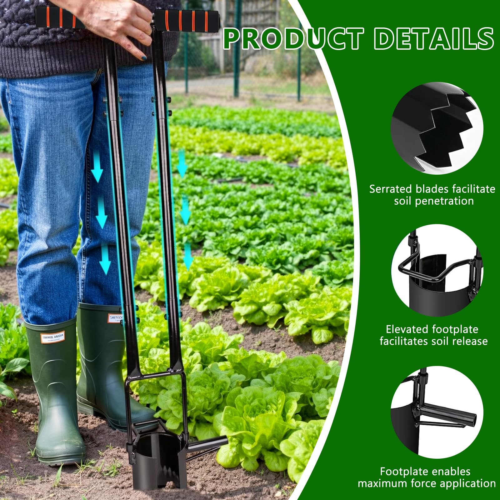 Planteur de Bulbes de 95 cm avec Gants, Profondeur de 11.9 cm, Aide à la Plantation avec Bord en Dents de Scie, Aérateur d'ampoule pour Tulipes, Jonquilles, Oignons, Pommes de Terre, Tomates