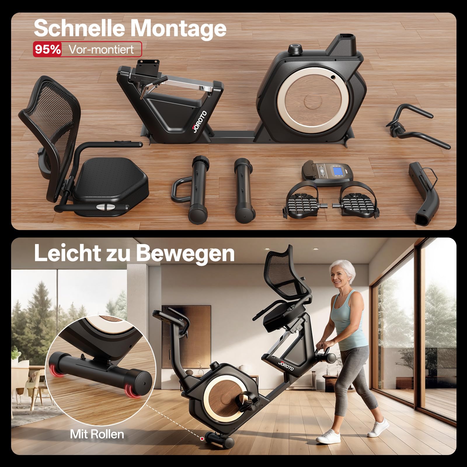 JOROTO JH50 Liegeergometer für Zuhause, Bluetooth liegefahrrad Heimtrainer mit App, 16 Widerstandsstufen, Verstellbarer Weiche Sitzfläche & Rückenlehne bis 182KG, LCD-Display, Herzfrequenzsensoren
