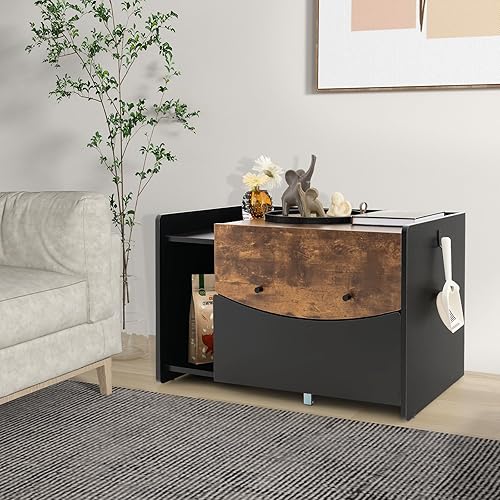 Miniatura 3 de Tangkula Caja de arena, baño oculto para gatos con cajón extraíble, rueda giratoria, puerta abatible, gabinete lateral interior de casa para gatos,