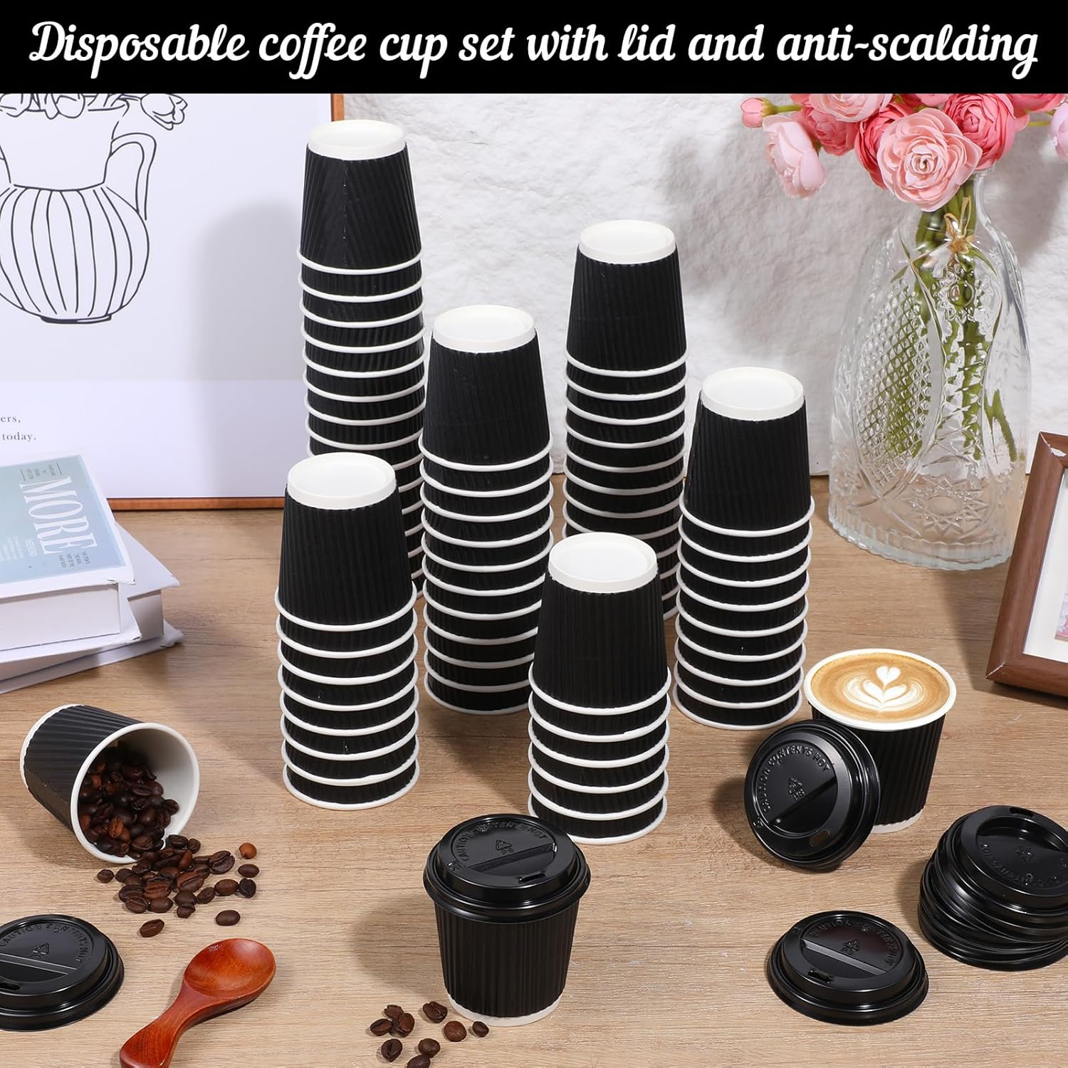 100 Set 4oz Disposable Espresso Cups with Lids Ripple Wall Hot Cups For Coffee Disposable Coffee Cups-Cups, Ripple Corrugated Paper for Office, Cafe, Home or Travel (Black) - Image 3
