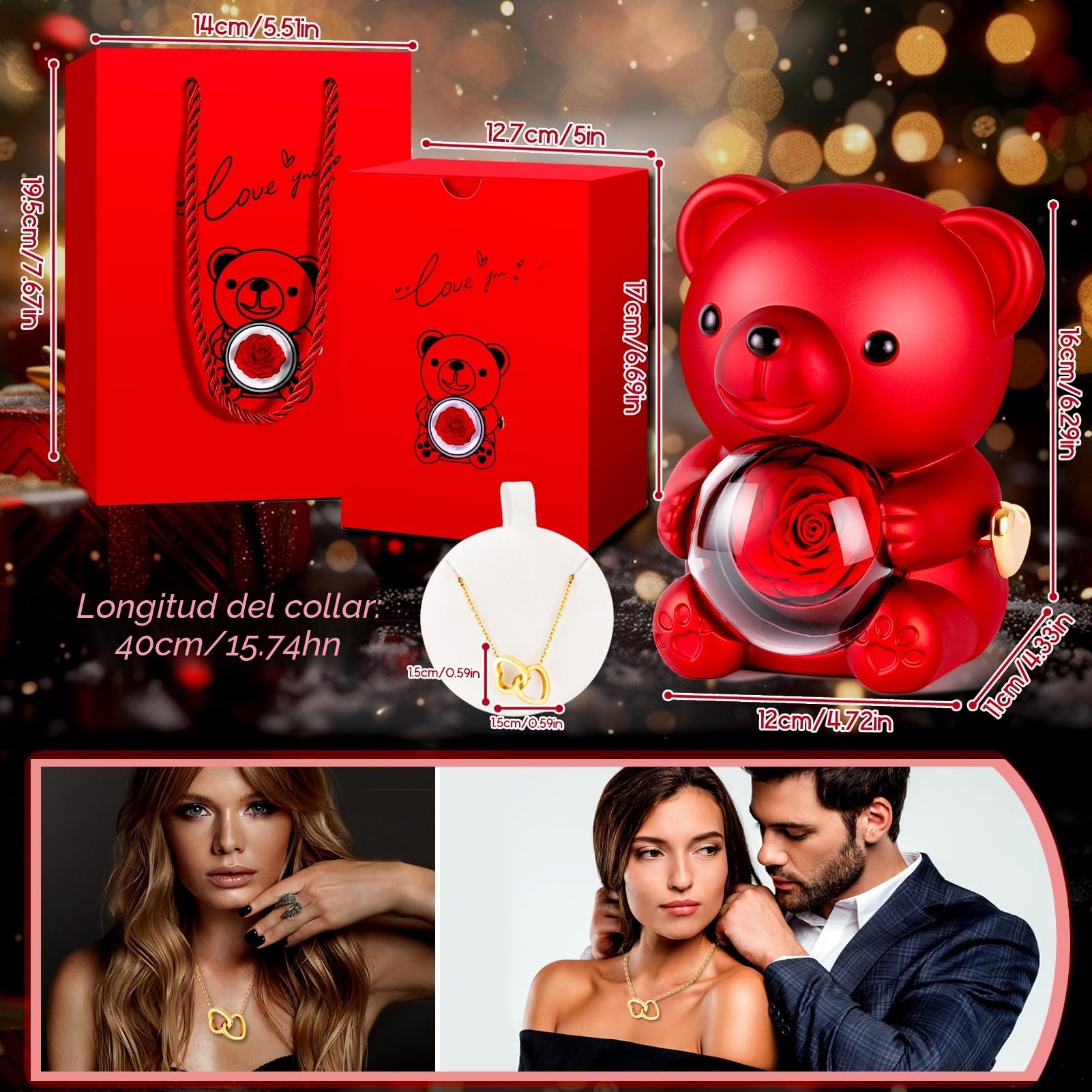Oso Rosa Preservada con Collar de Corazón, Oso con Rosa Caja de Regalo, Regalo San Valentin Mujer, Regalo para Novia,Navidad Mujer, Cumpleaños