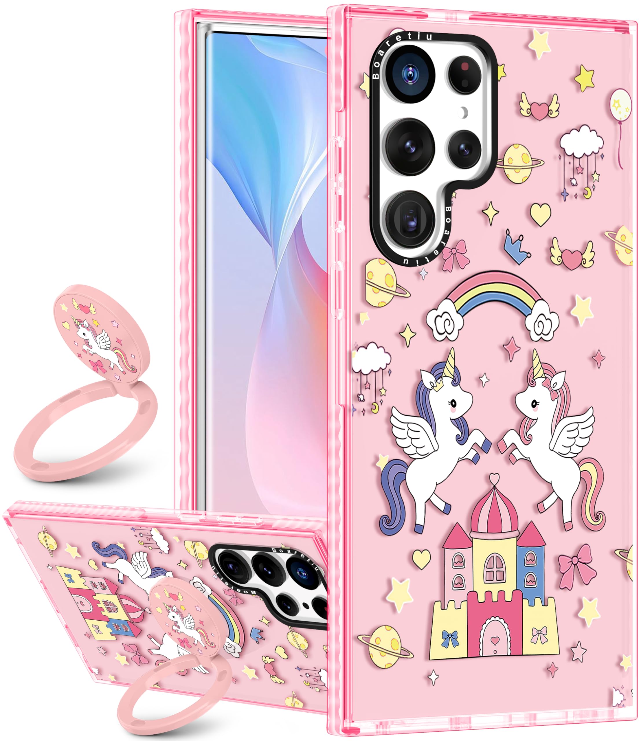 Boaretiu Cute Kawaii for Samsung Galaxy S25 Ultra Case with Stand - Fashion Cool 360° Rotate Ring Holder Kickstand Unicorn Couple for Women Girls Boys