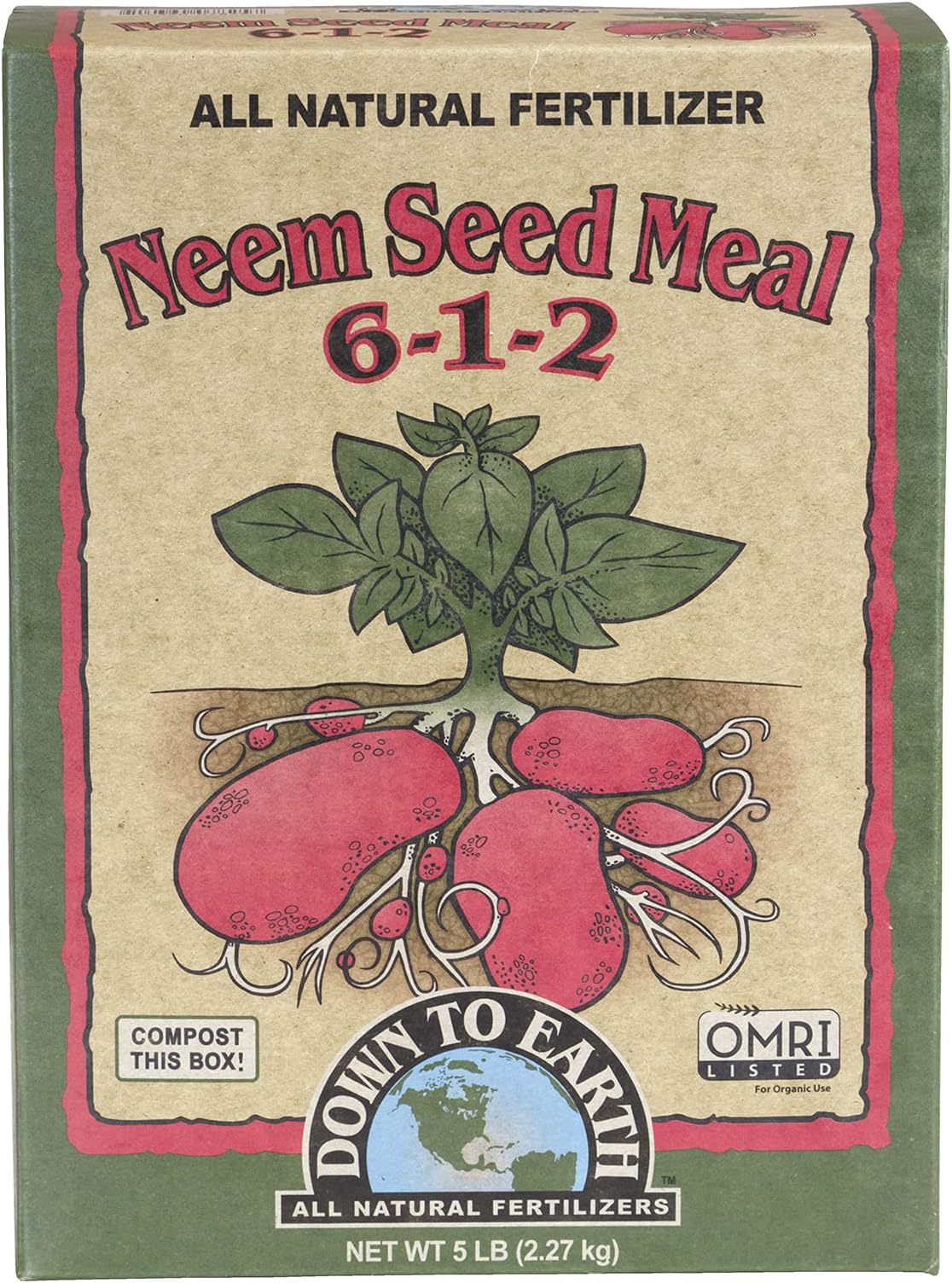 Down To Earth All Natural Fertilizers Organic Neem Seed Meal, Plant Food for Vegetable Gardens and Raised Beds 6-1-2, 5 lb