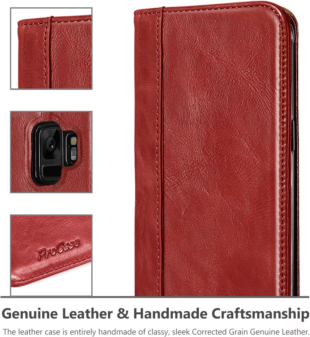 ProCase Galaxy S9 Genuine Leather Case, Vintage Wallet Folding Flip Case with Kickstand and Multiple Card Holders Protective Book Case Cover for 5.8" Galaxy S9 - Red