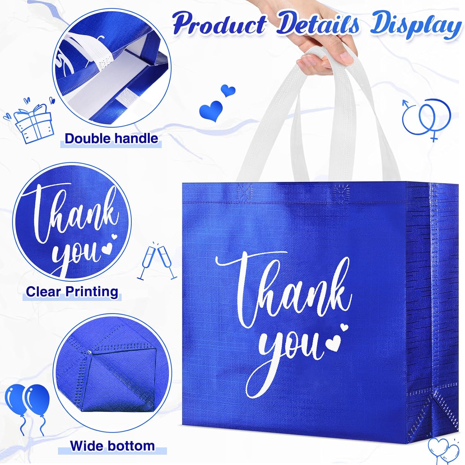 50 Pcs Thank You Gift Bags with Handles Bulk Thank You Reusable Non Woven Bags Bridesmaid Souvenir Handbags for Valentine's Day Wedding Easter Graduation(11 x 12 x 5 Inch,Royal Blue) - Image 4