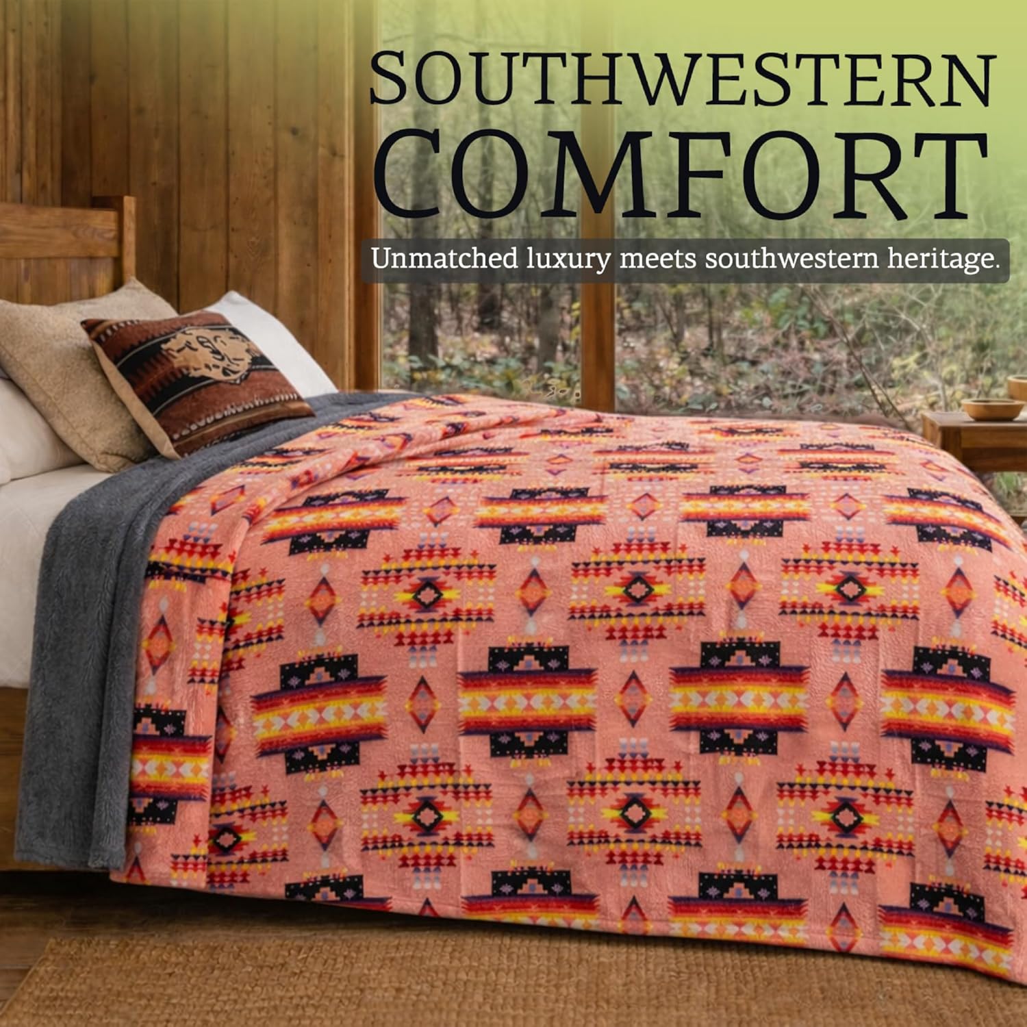 Sacred Thread Aztec Blanket Fleece, Reversible Native American Blanket, Western Throw, Native American Western (Peach Flannel), Queen (79”x95”) - Image 2