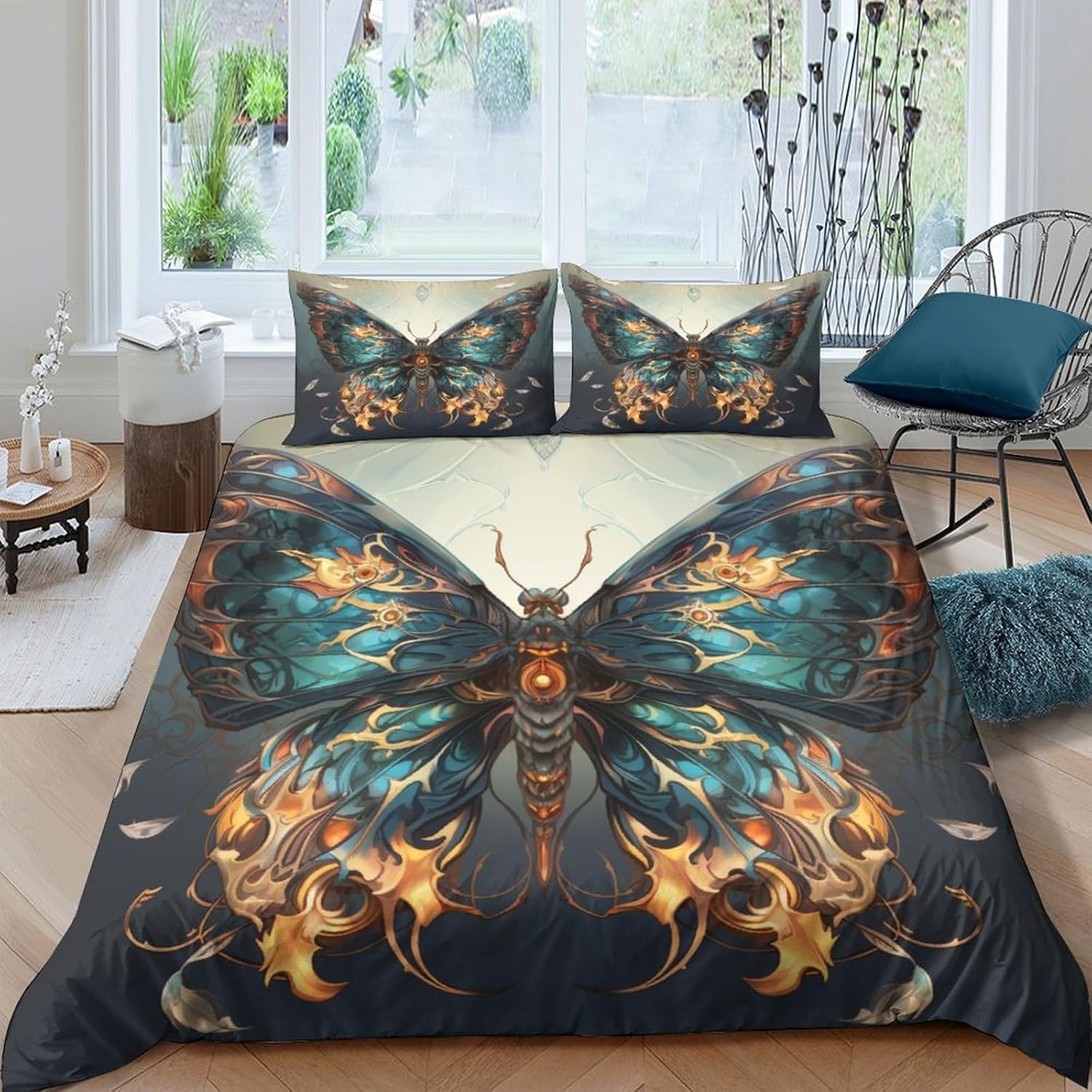 Parure de lit papillon 260x230 cm avec housse de couette 3 pièces et 2 taies d'oreiller